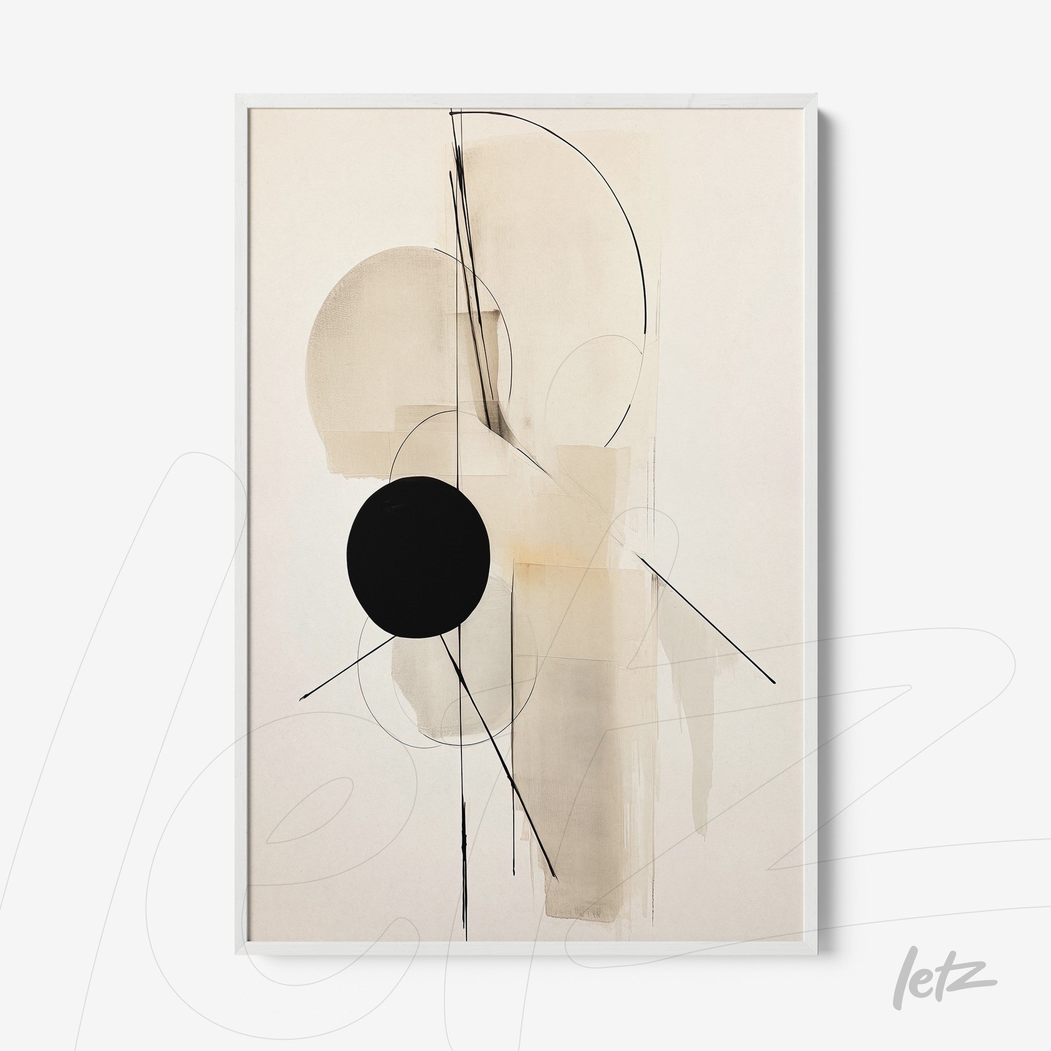 abstract artwork in neutral tones featuring geometric shapes in black and fine lines, framed in white