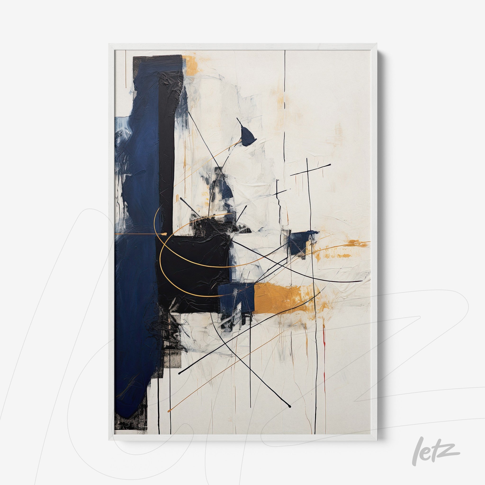 abstract wall art in white frame featuring black and gold lines on a light background