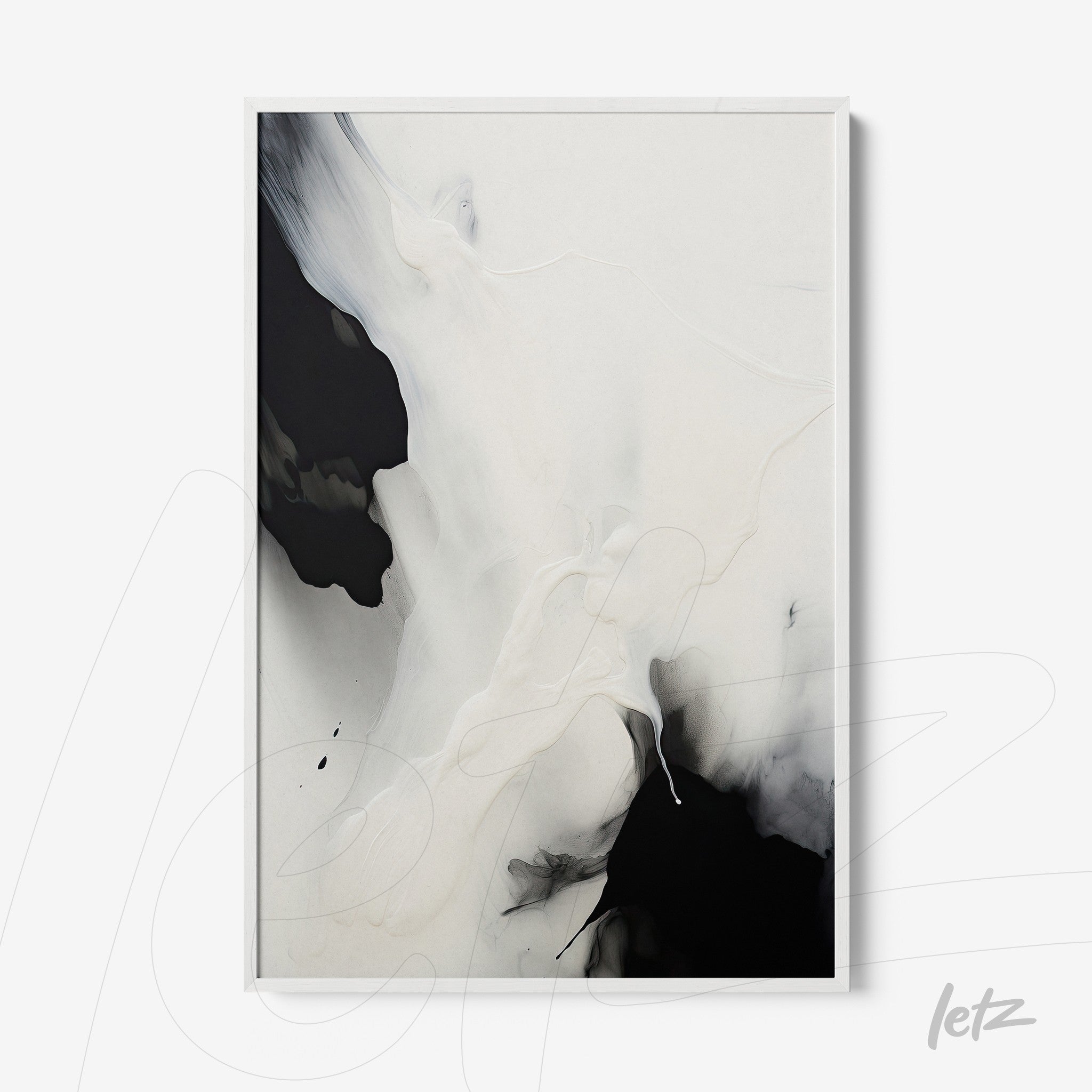 abstract wall art in black and white with a thin white frame