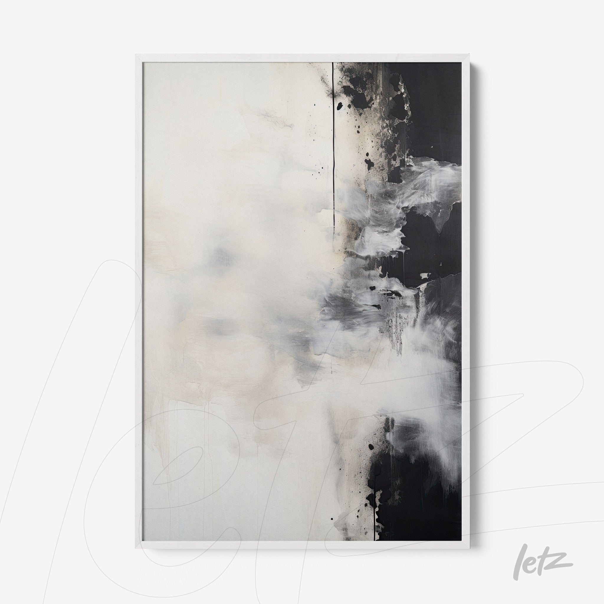 abstract wall art with neutral tones and black in white frame