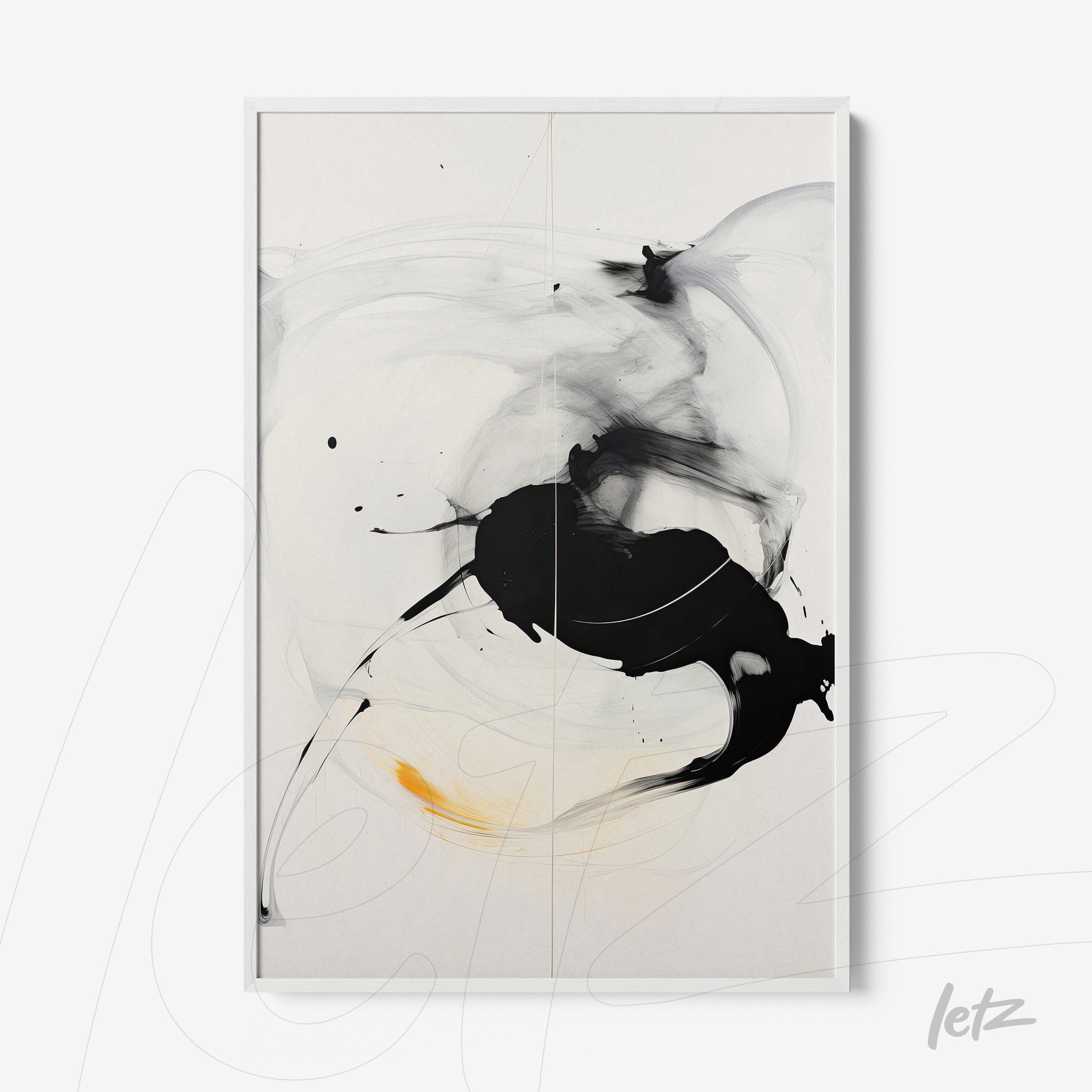 abstract wall art in black and white featuring fluid strokes on light background with white frame