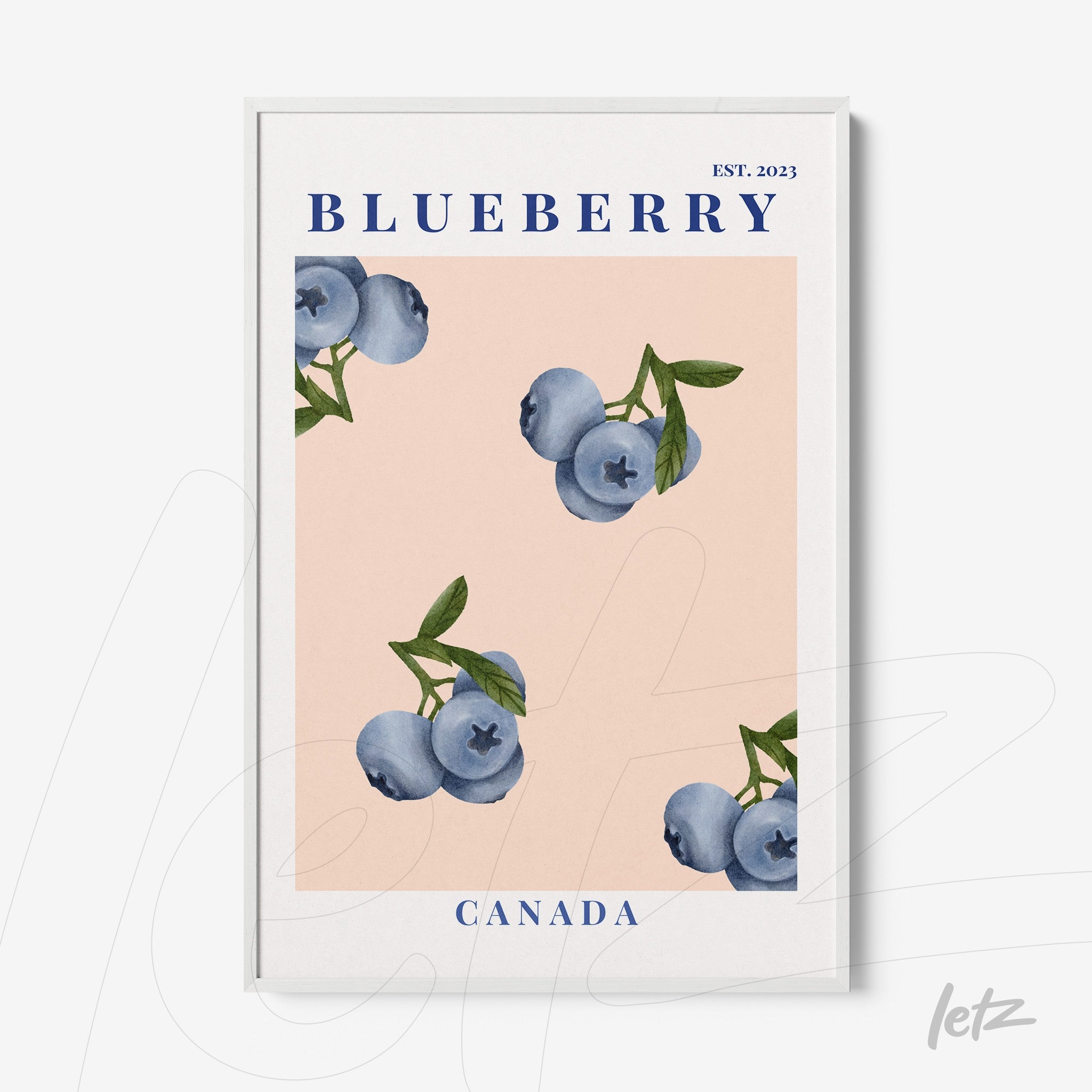 framed artwork featuring blueberries on a pink background with white frame