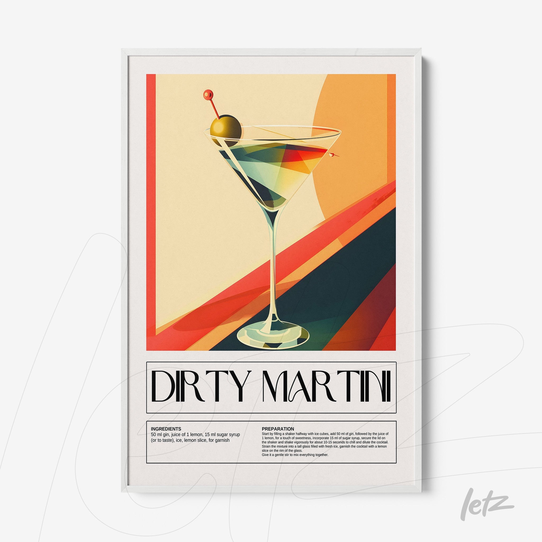 framed abstract art of a dirty martini cocktail with colorful background