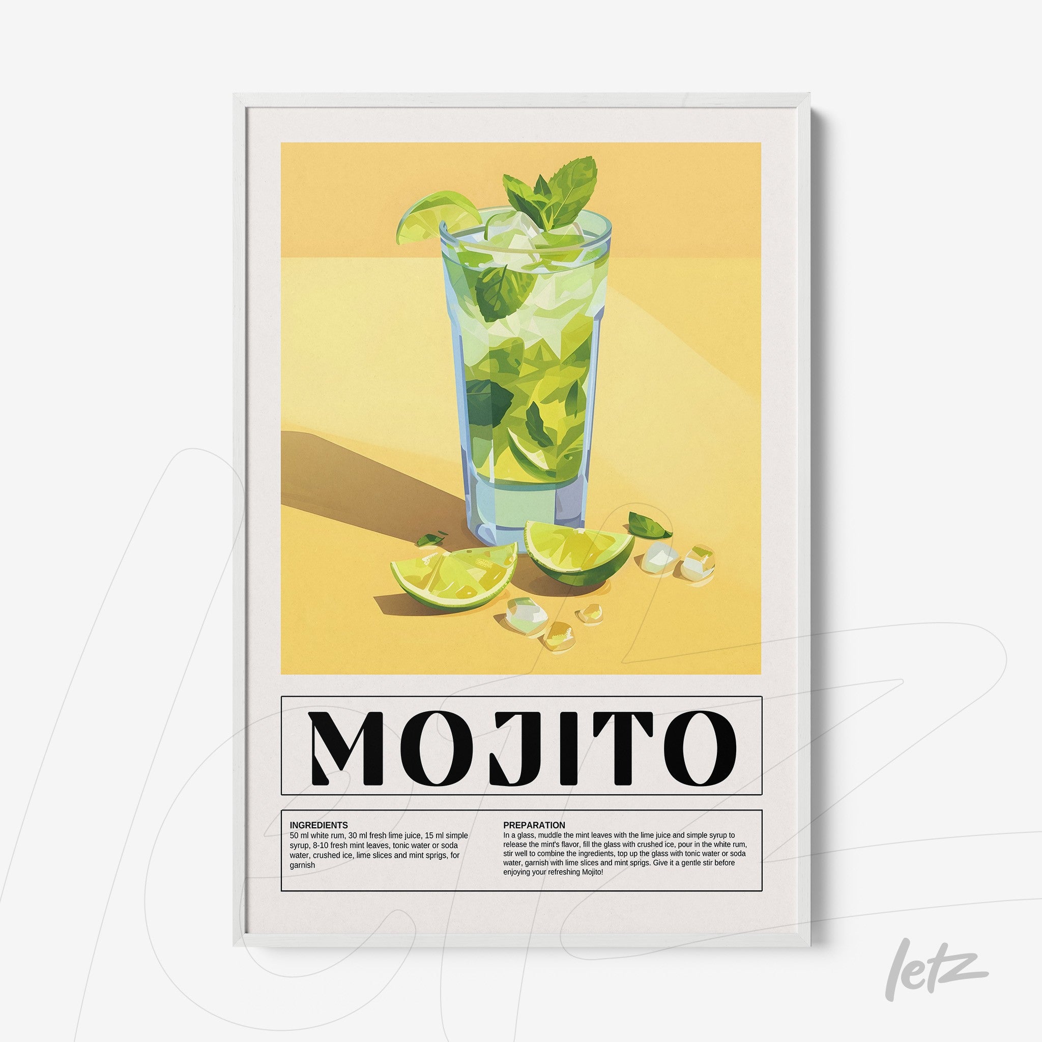 framed graphic art of mojito cocktail with white frame and yellow background