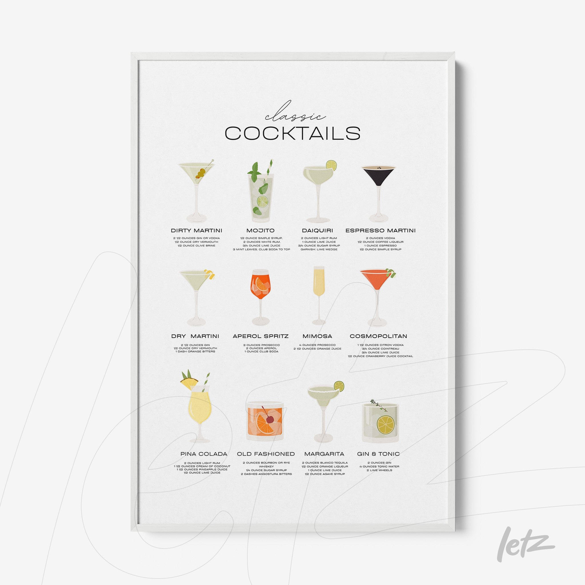 framed wall art featuring illustrations of classic cocktails with light frame