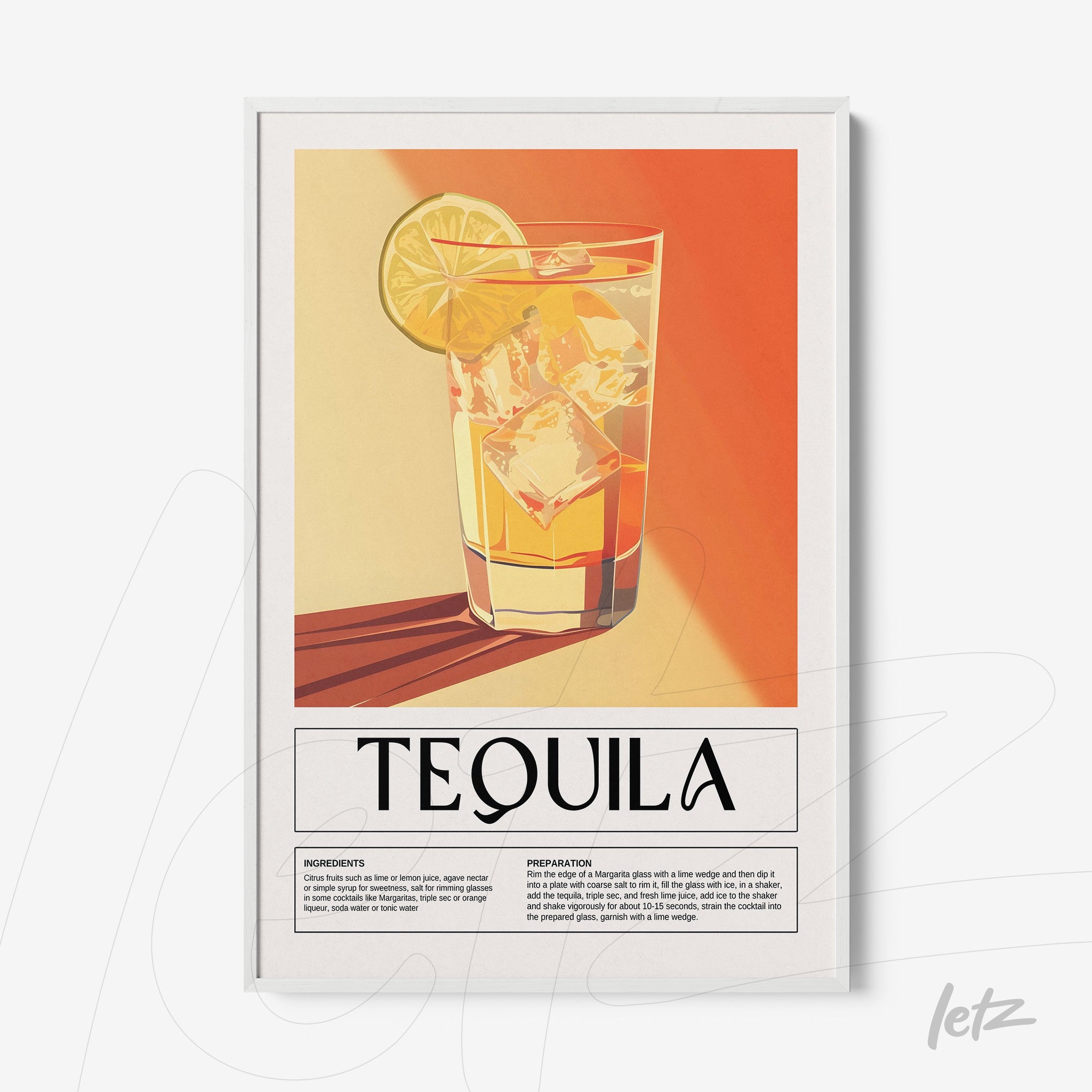 vintage style framed art of tequila drink in a glass with ice and lemon slice, set against an orange and yellow background