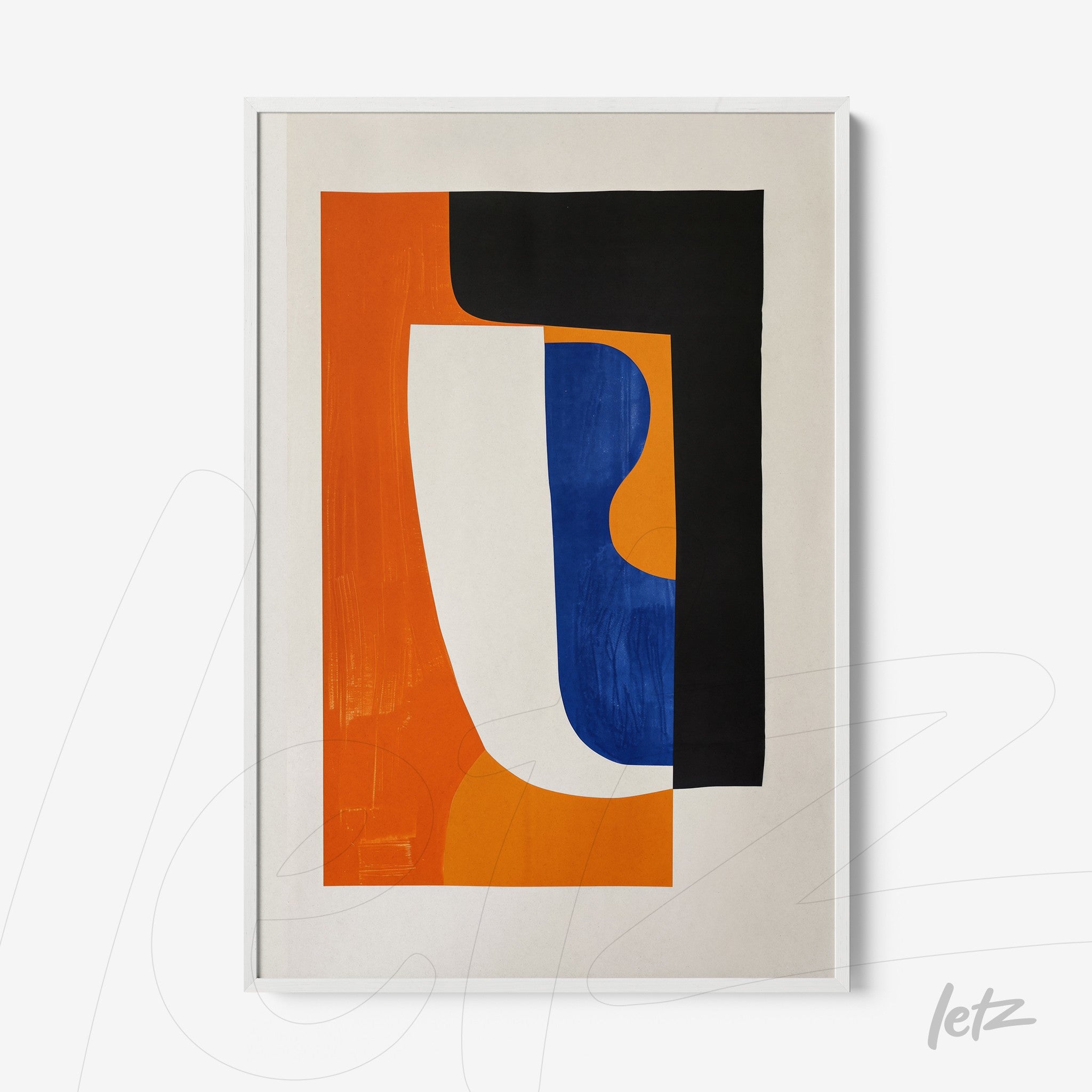framed abstract art featuring shapes in blue, orange, and black with a white frame