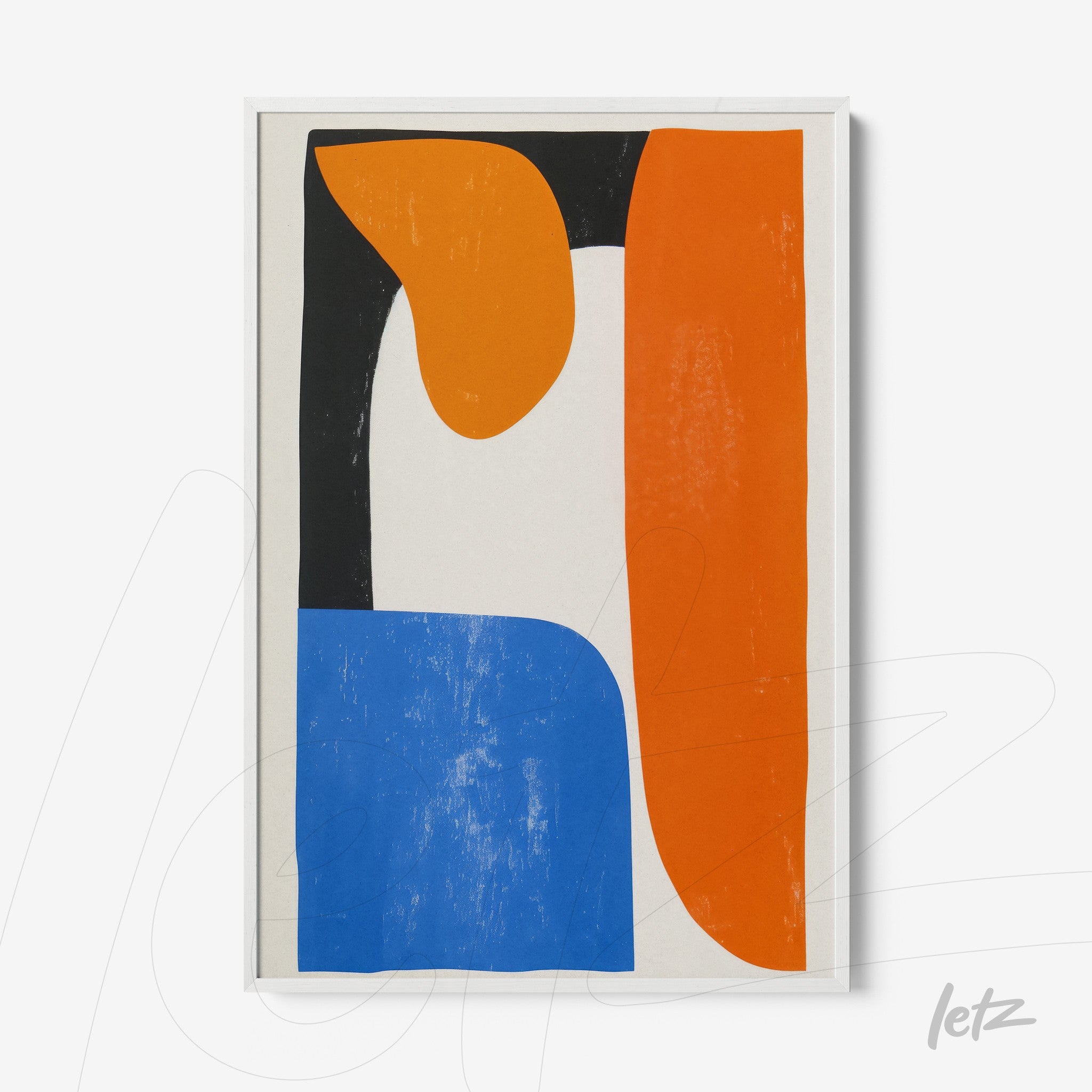 abstract wall art featuring orange, blue, and black shapes in a white frame