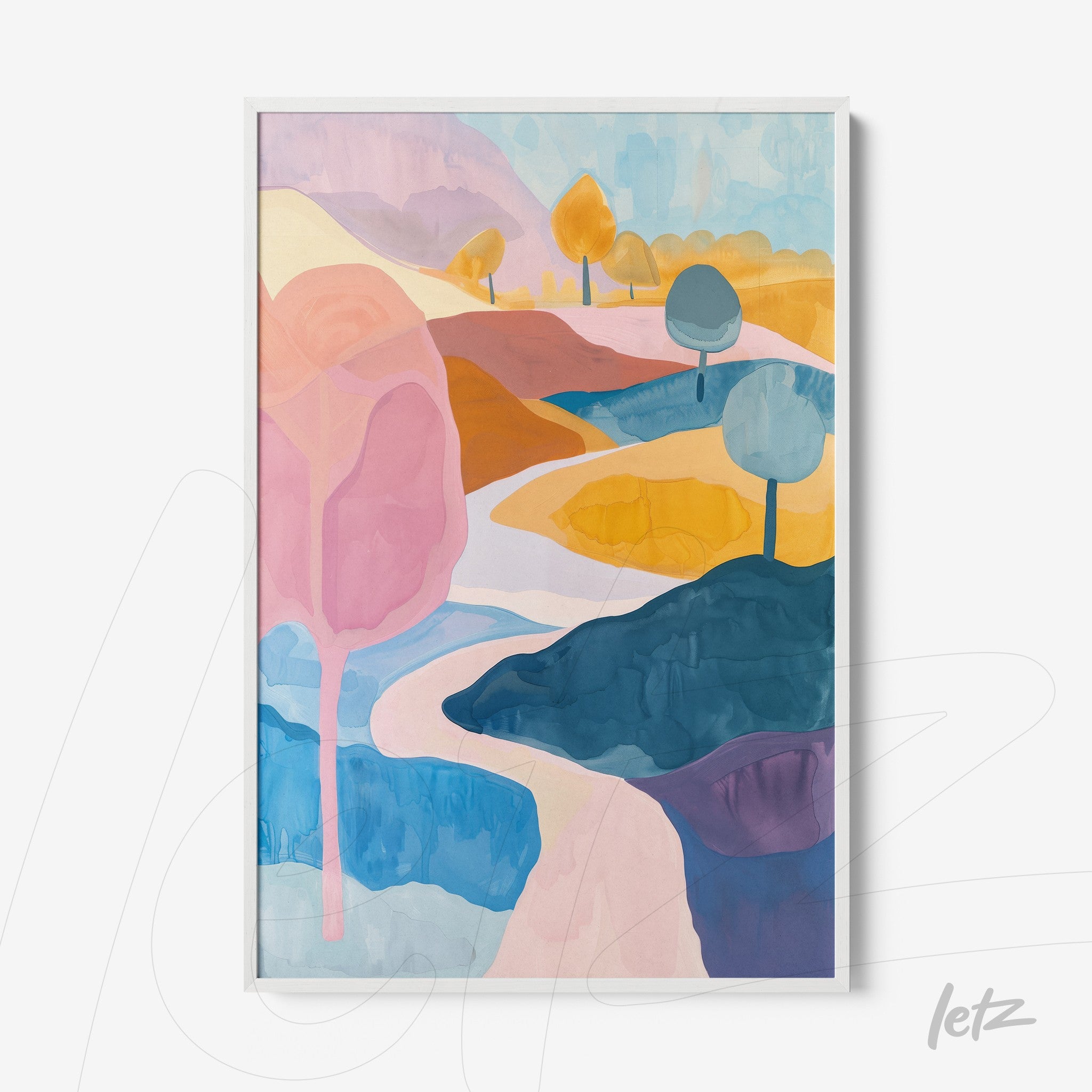 framed abstract artwork featuring a winding path through a colorful landscape with pastel trees