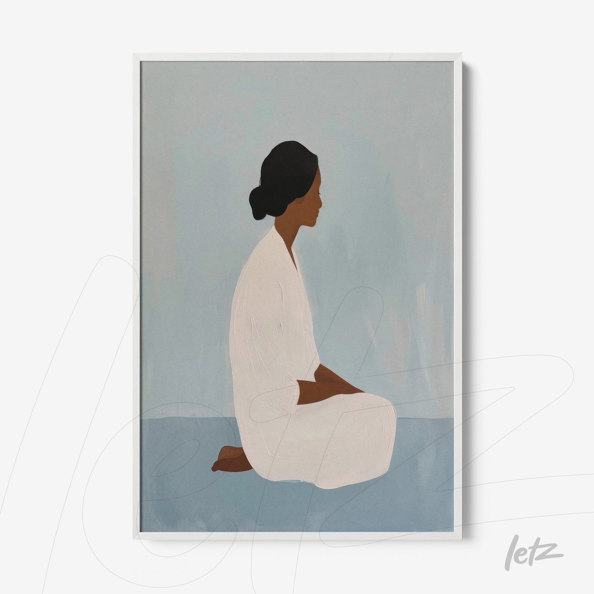 decorative artwork featuring an abstract depiction of a seated woman in meditation against a light blue background with a white frame