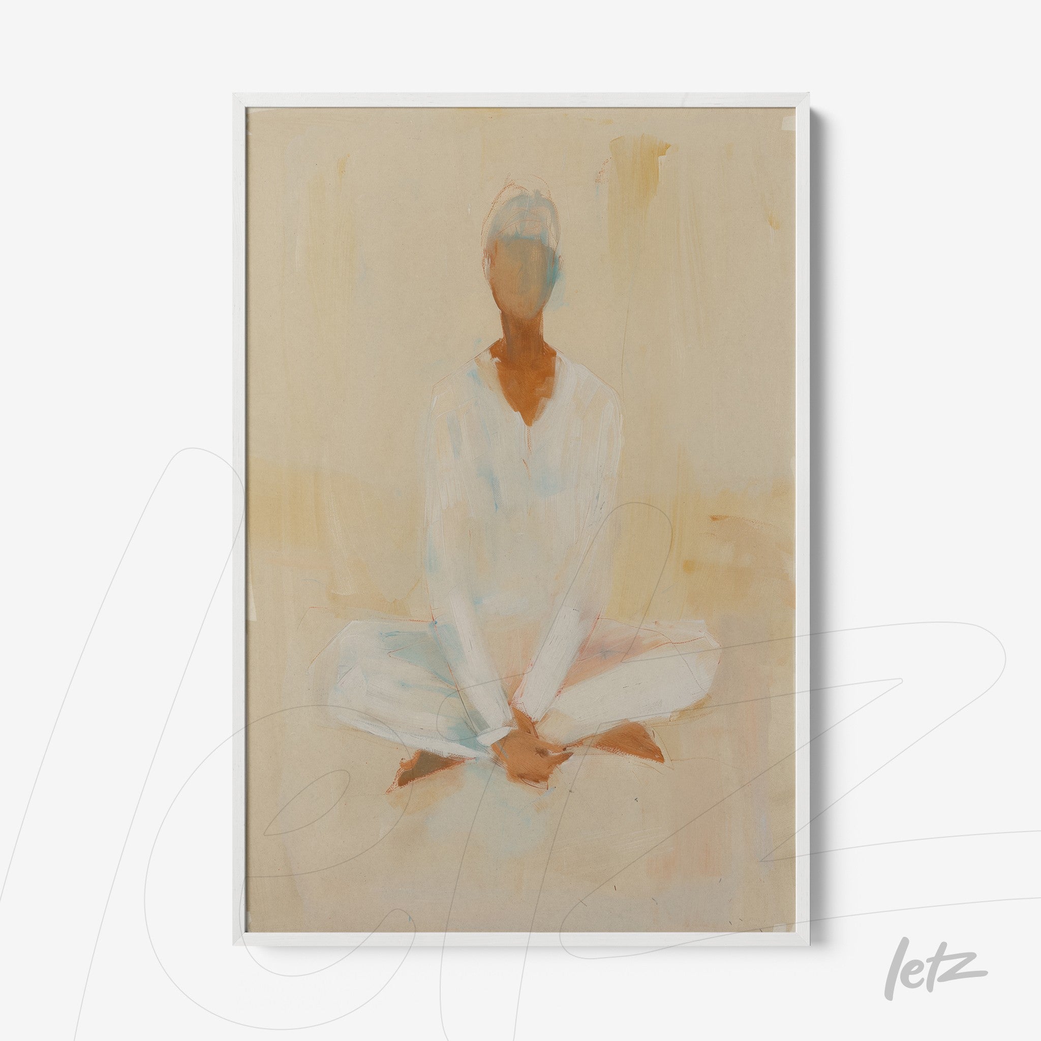 framed artwork featuring an abstract figure in a meditative pose with neutral tones background
