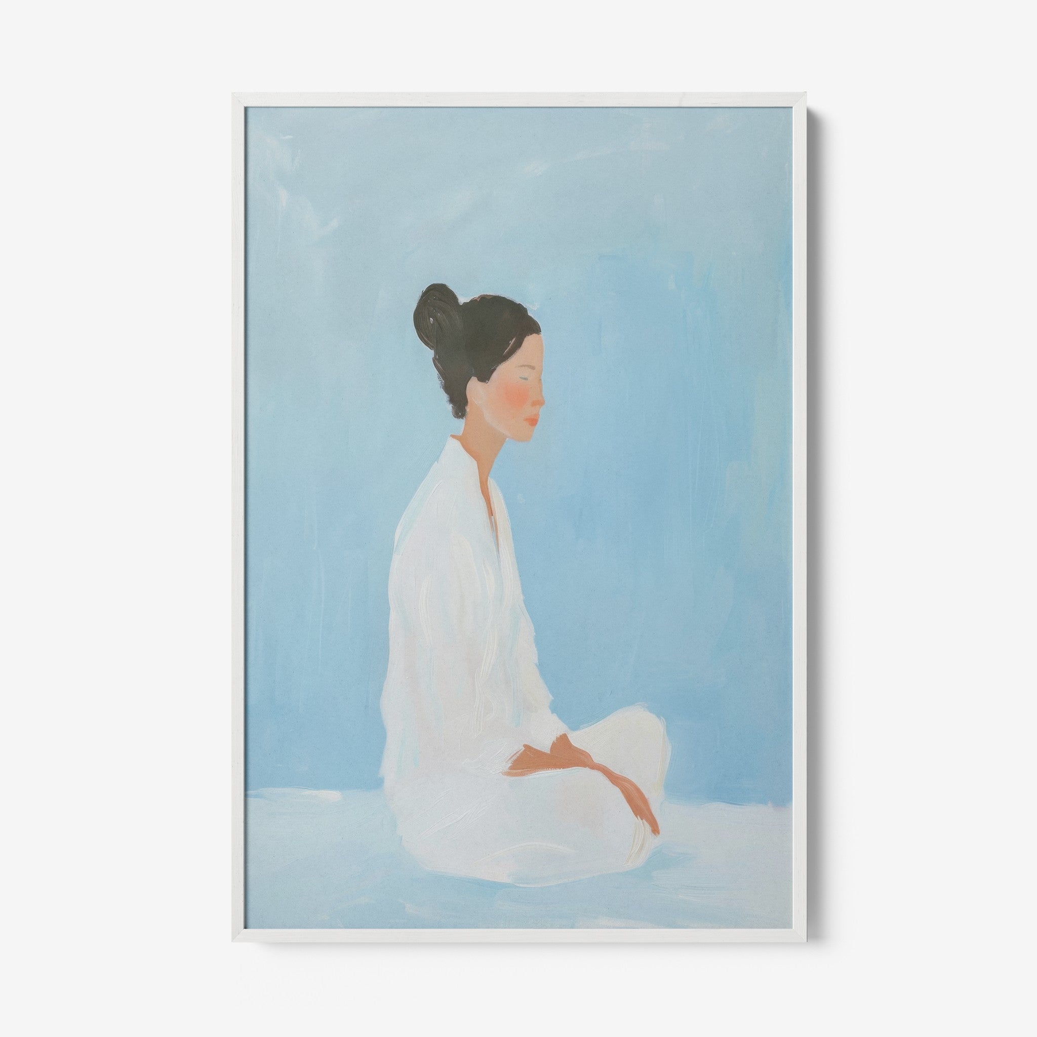 framed art featuring a seated woman in a white outfit against a soft blue background with a white frame
