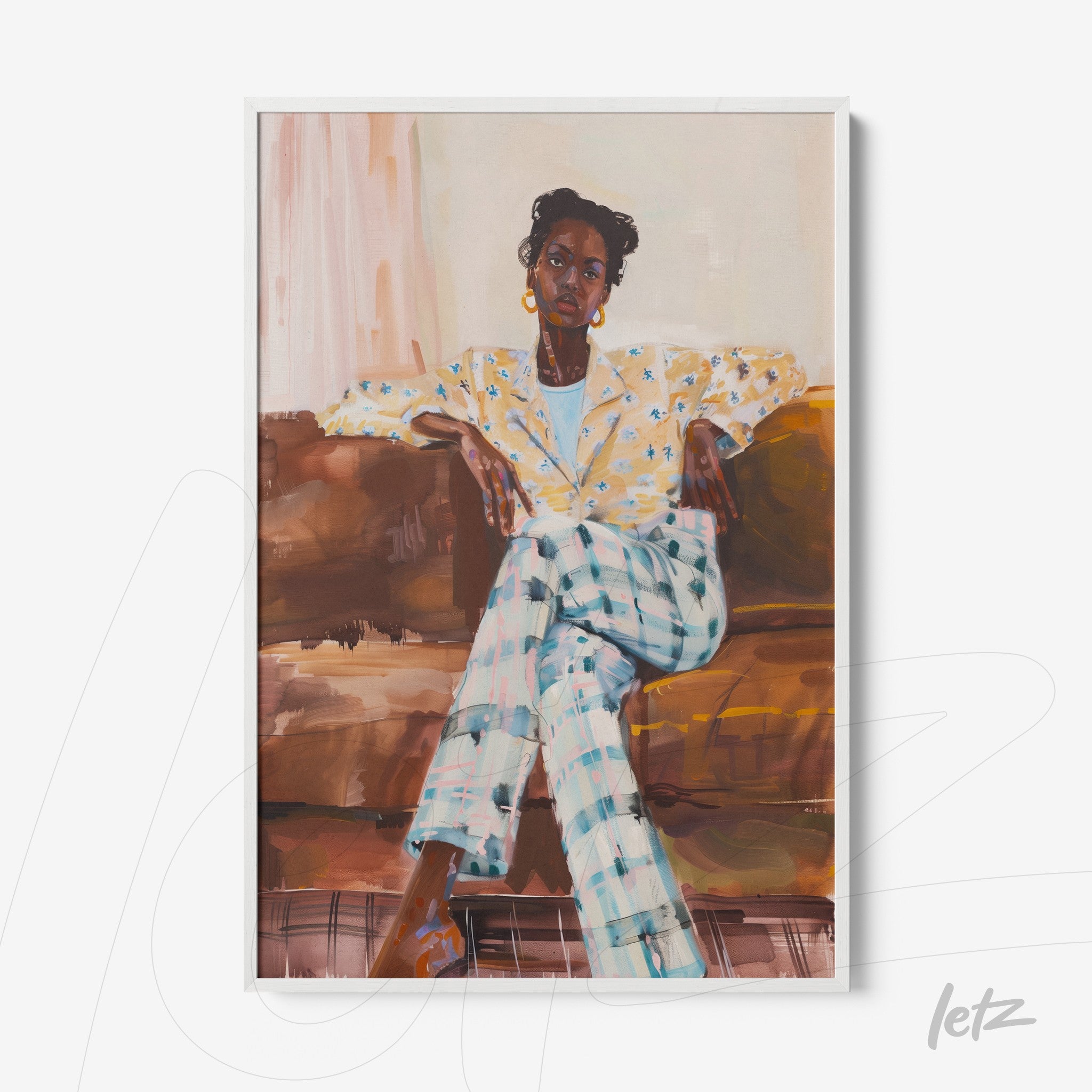 framed portrait art of a woman in modern style, featuring a woman in a yellow blazer and checkered pants