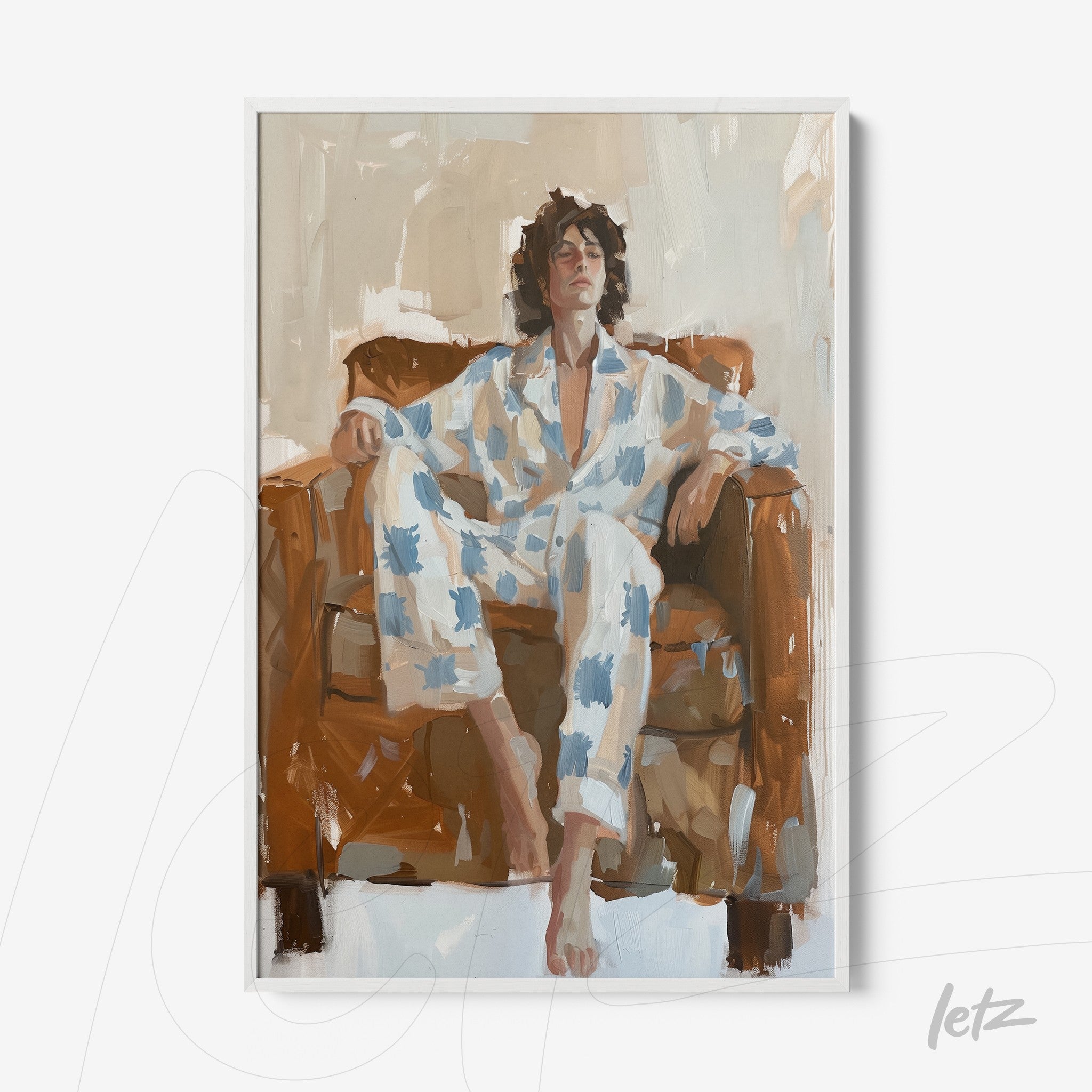 framed art depicting a man sitting on a brown sofa, wearing white pajamas with blue patches in a relaxed pose