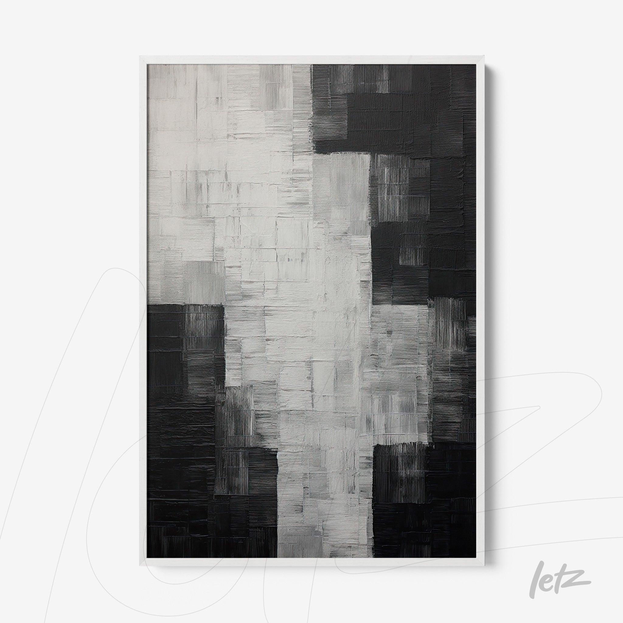 abstract wall art in black and white featuring minimalist textures in white frame