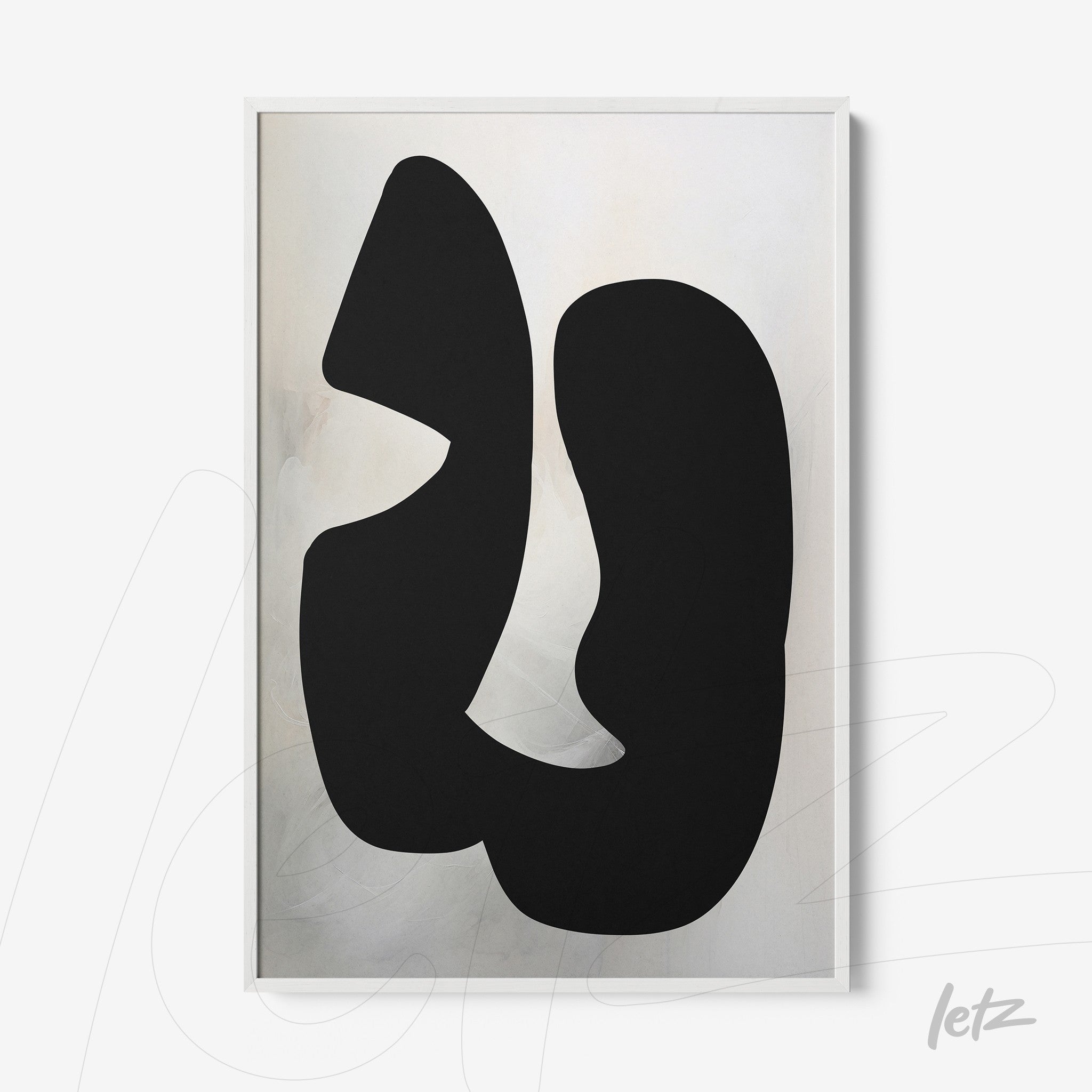 abstract art piece in black on light background with white frame
