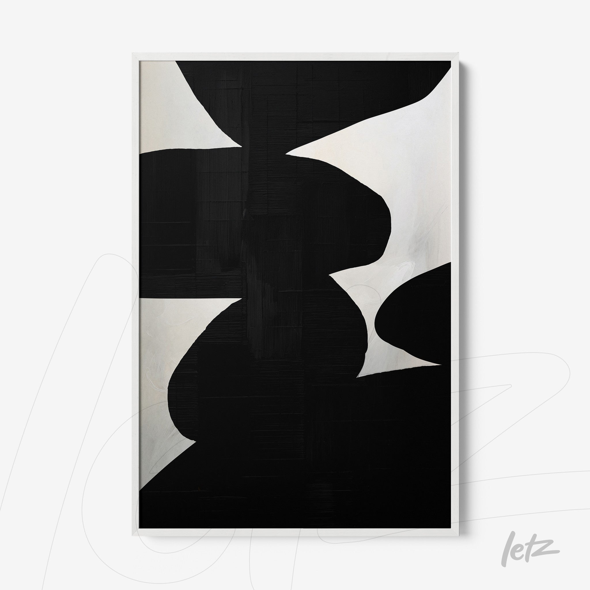 abstract wall art in black and white featuring organic shapes with white frame