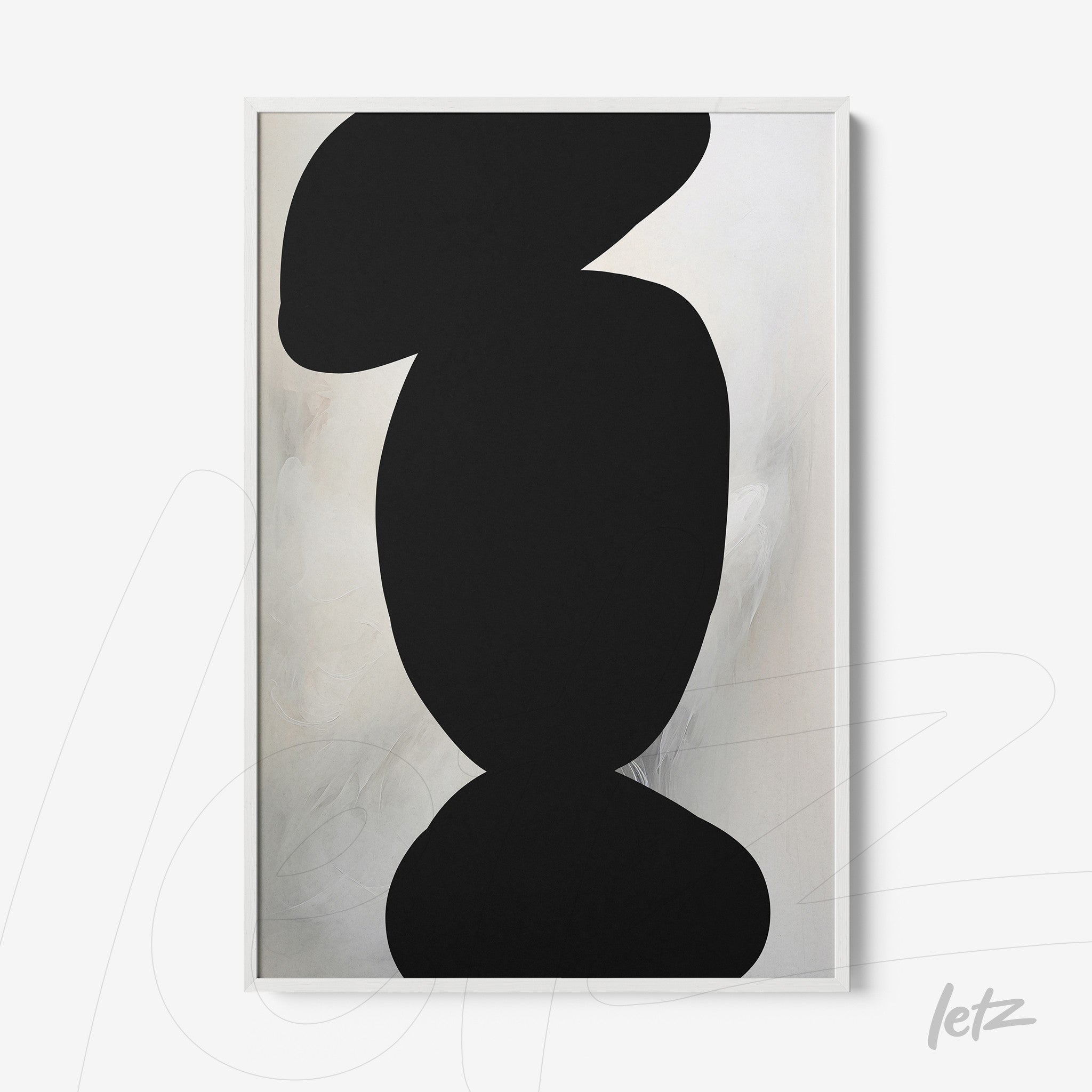 framed art piece featuring abstract black shapes on a light background with white frame