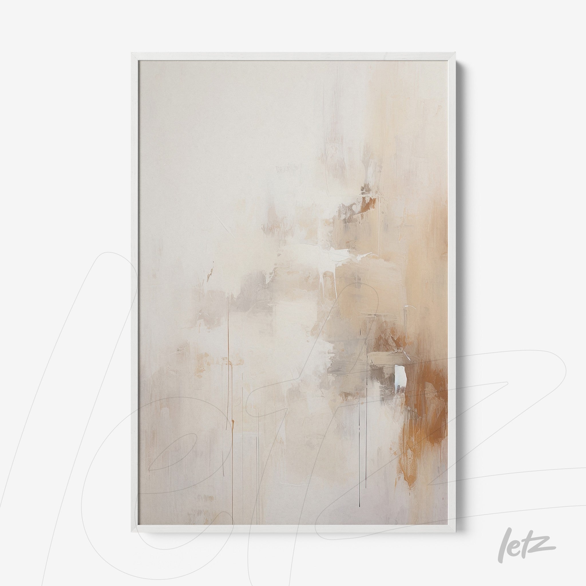 abstract wall art in neutral tones with brown accents, framed in white