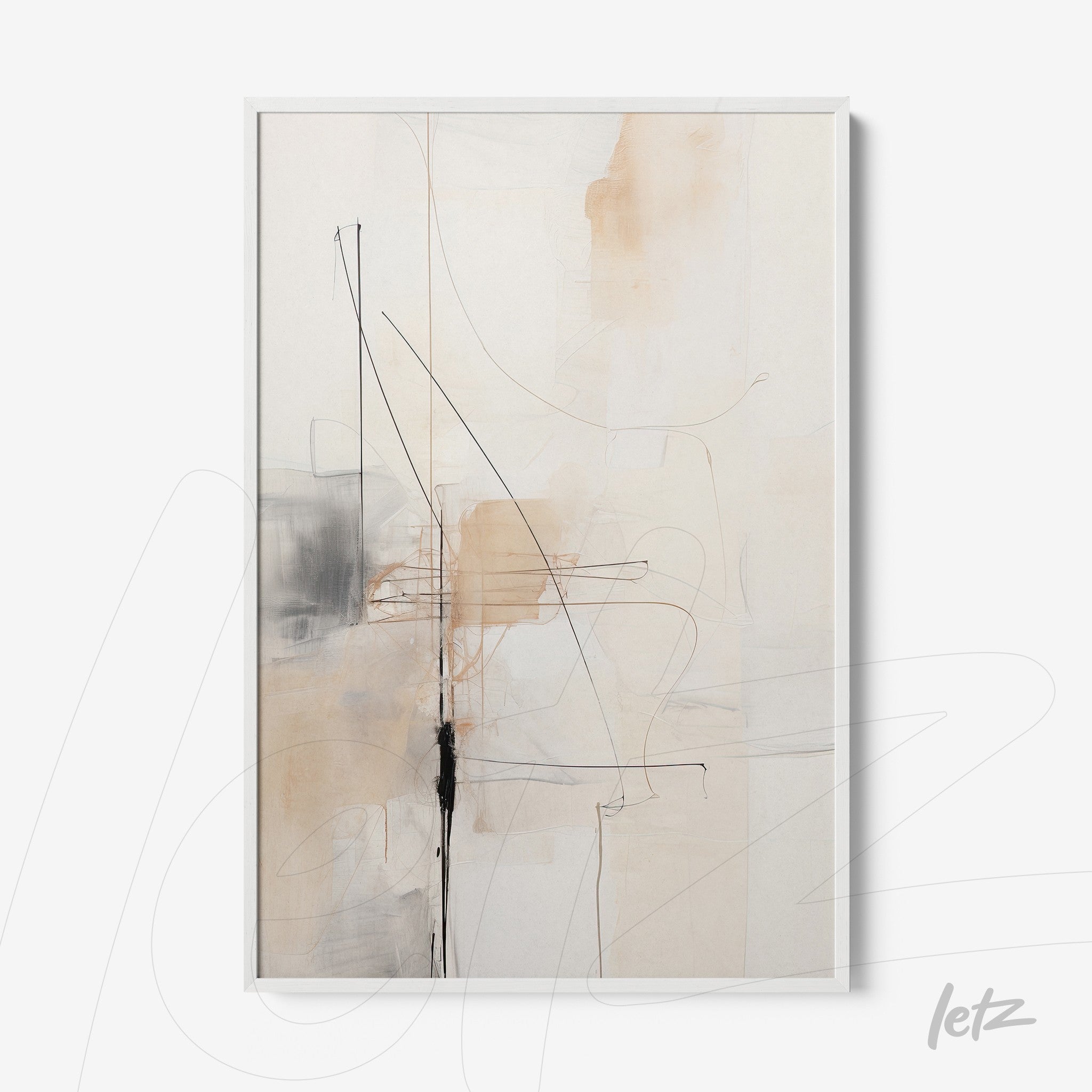 abstract artwork in neutral tones with black lines and orange strokes framed in white