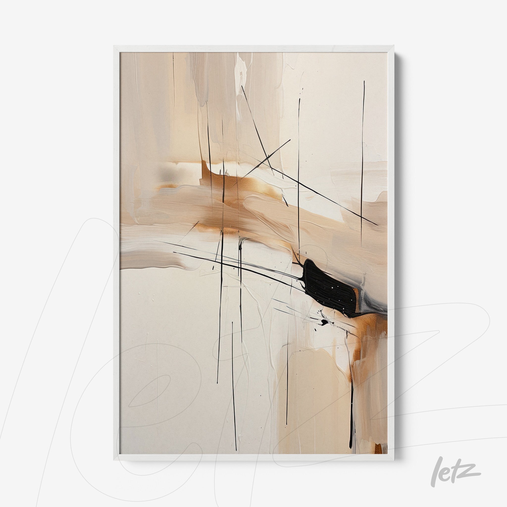 abstract artwork featuring brush strokes in neutral tones with fine black lines, framed in white