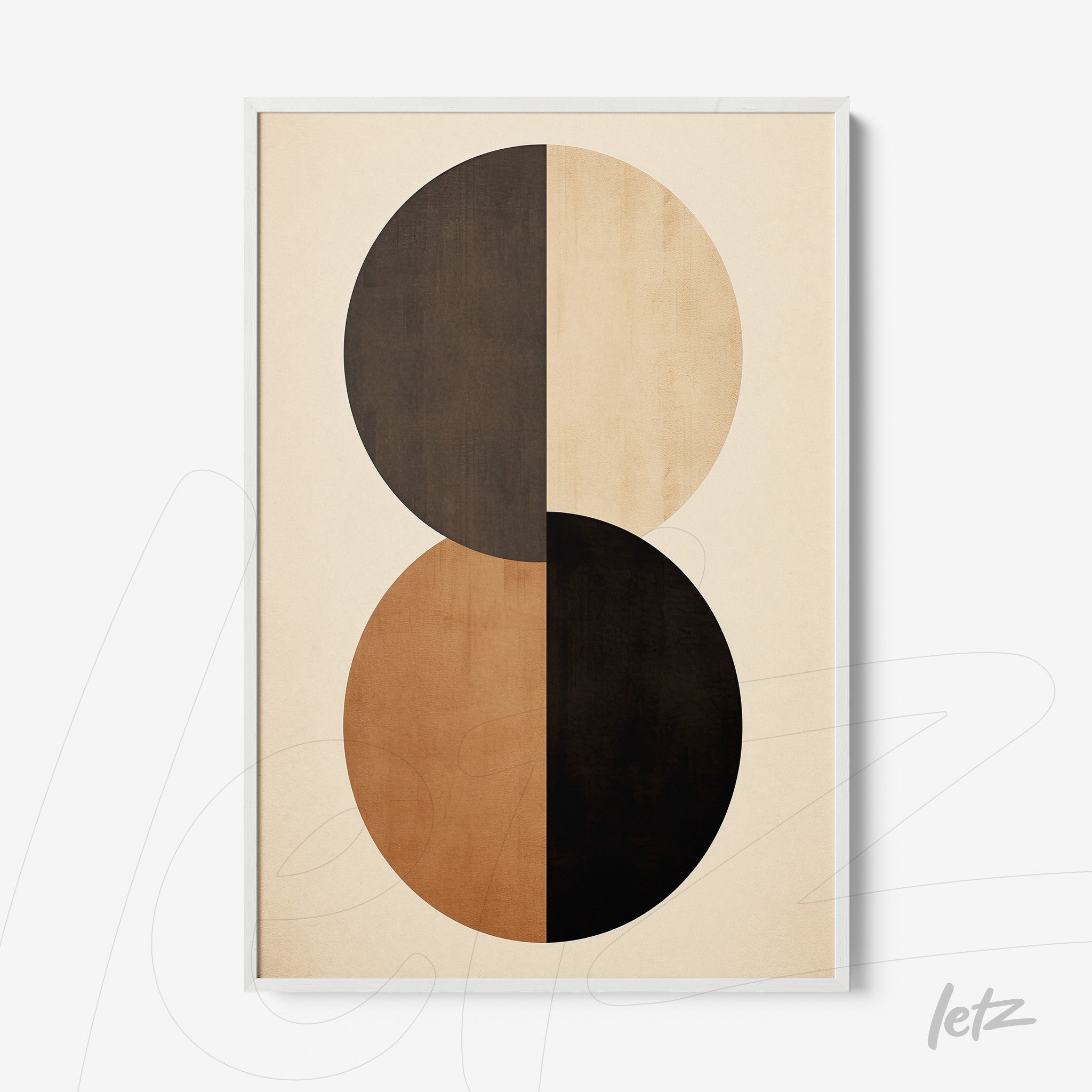 abstract wall art featuring earthy colors with two circular shapes on a light background in a white frame