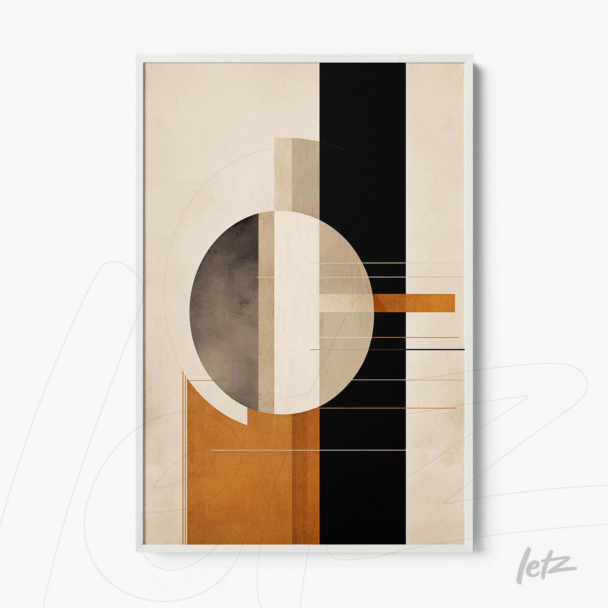 framed artwork featuring abstract design in earthy and black tones with a textured background