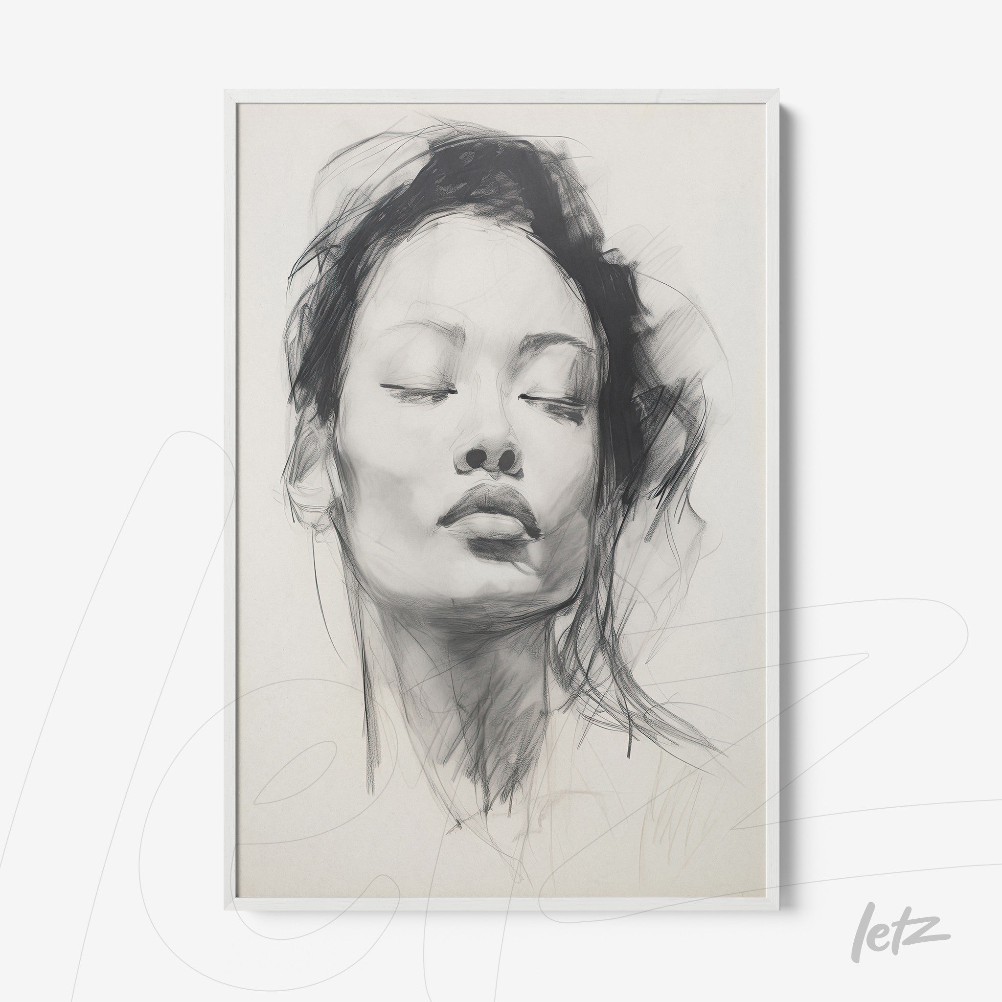 framed art piece featuring a minimalist illustration of a female face against a neutral background in a white frame