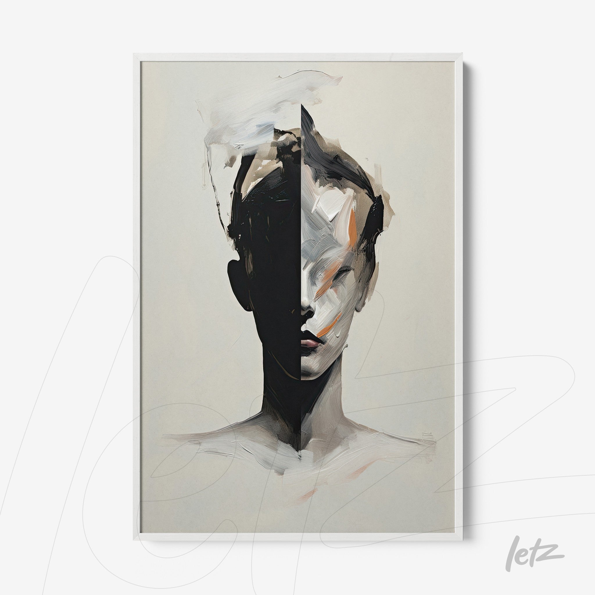 framed artwork featuring an abstract representation of a human face with a white frame