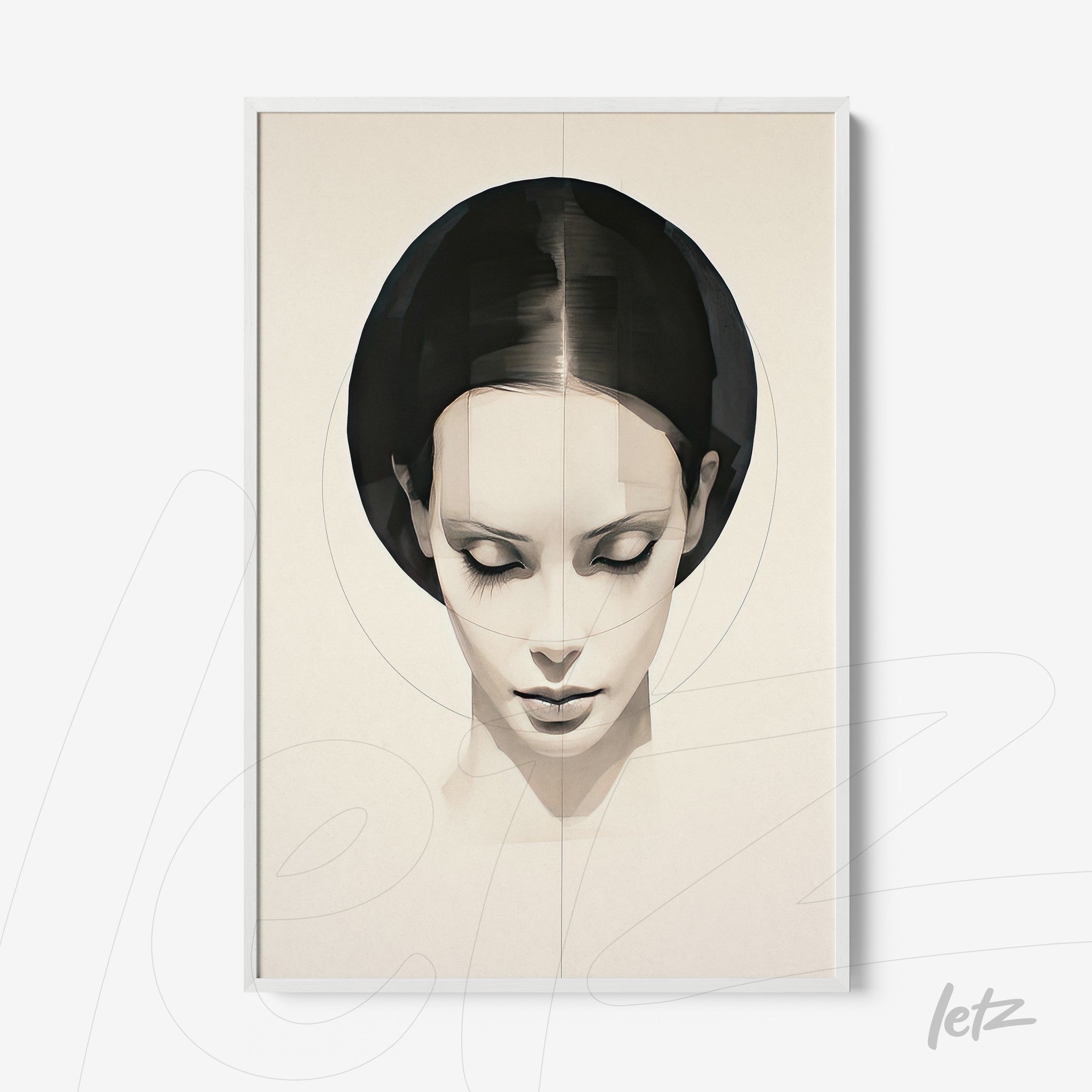 minimalist framed art of a female portrait with a white frame