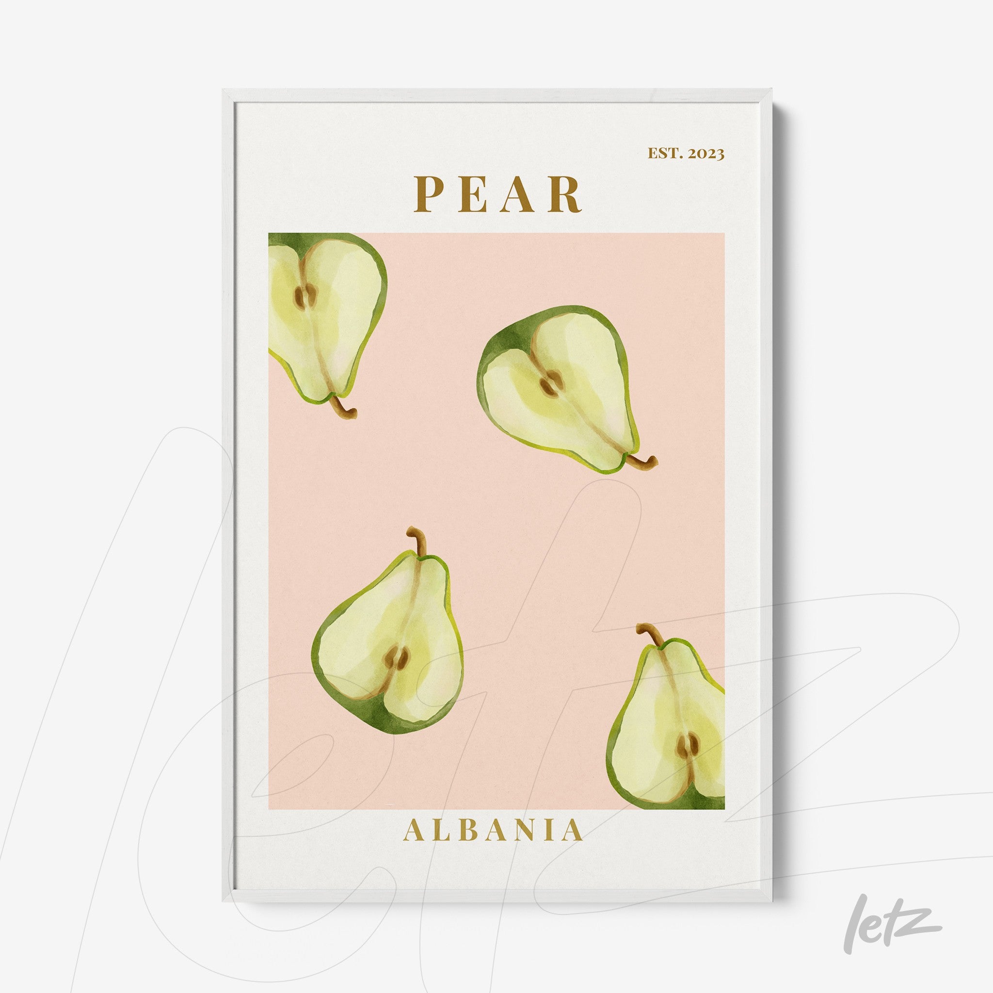 framed wall art featuring pears on a pink background with white frame