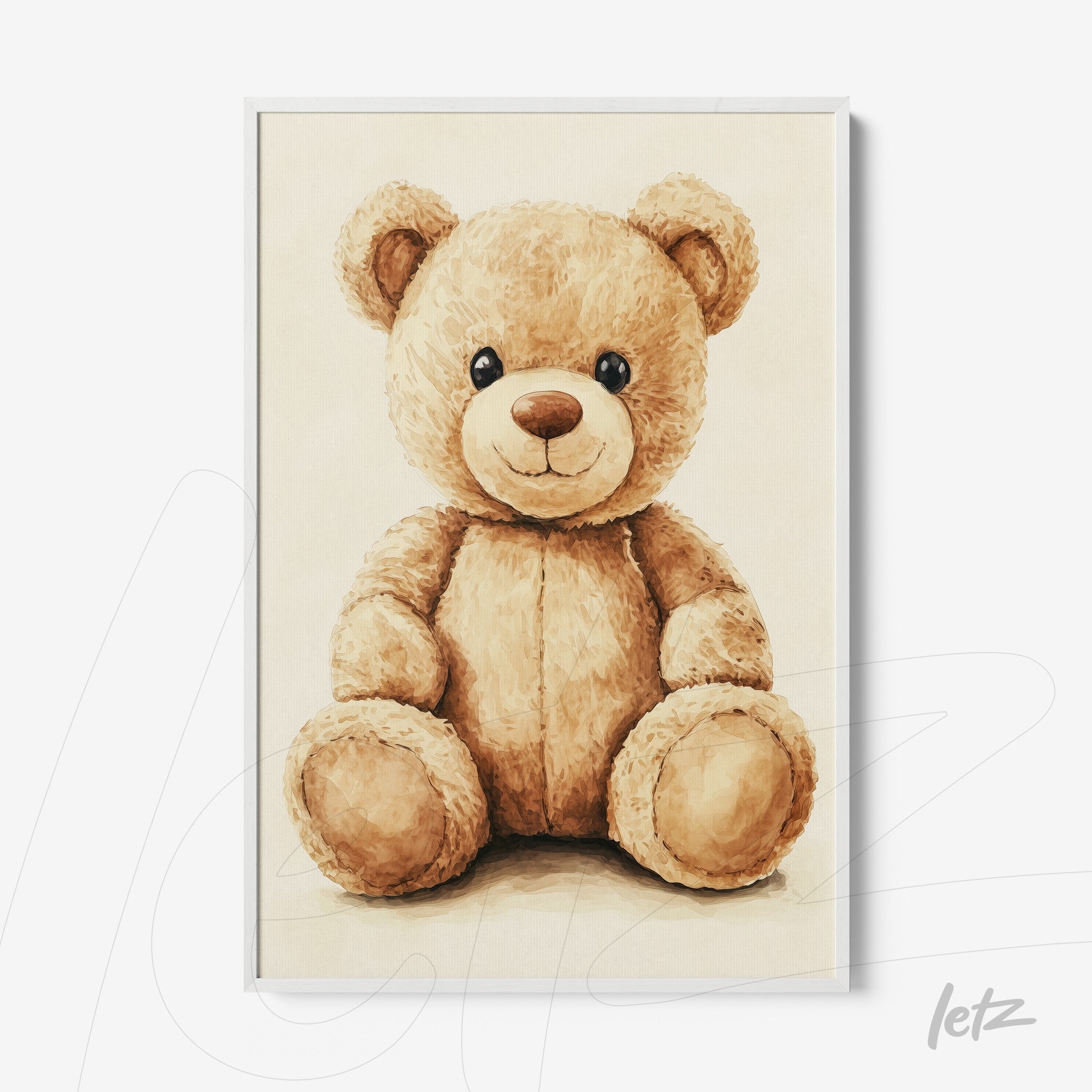 poster featuring an illustration of a brown teddy bear in a minimalist white frame