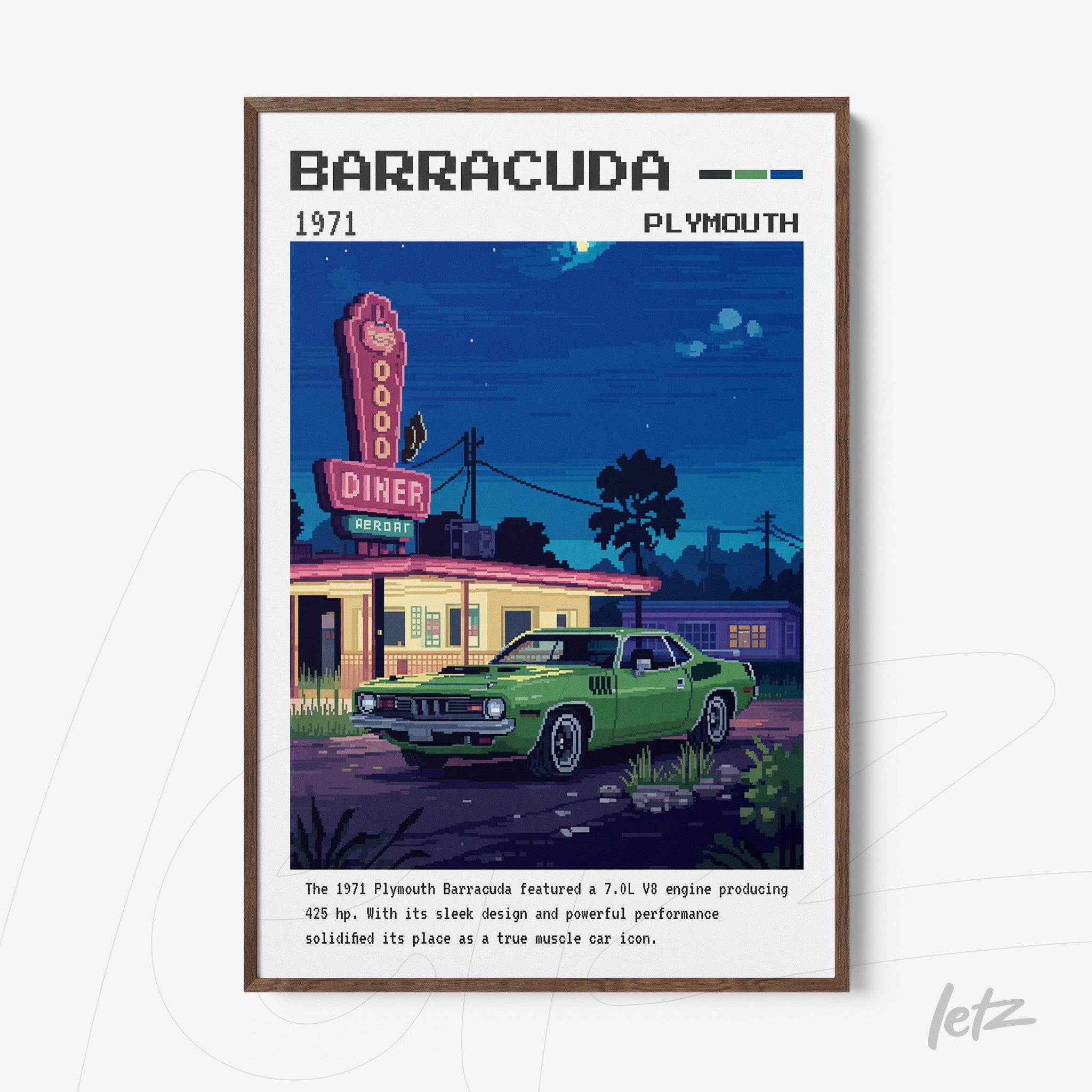framed artwork featuring a pixel art of a green Plymouth Barracuda in front of a vintage 1970s diner
