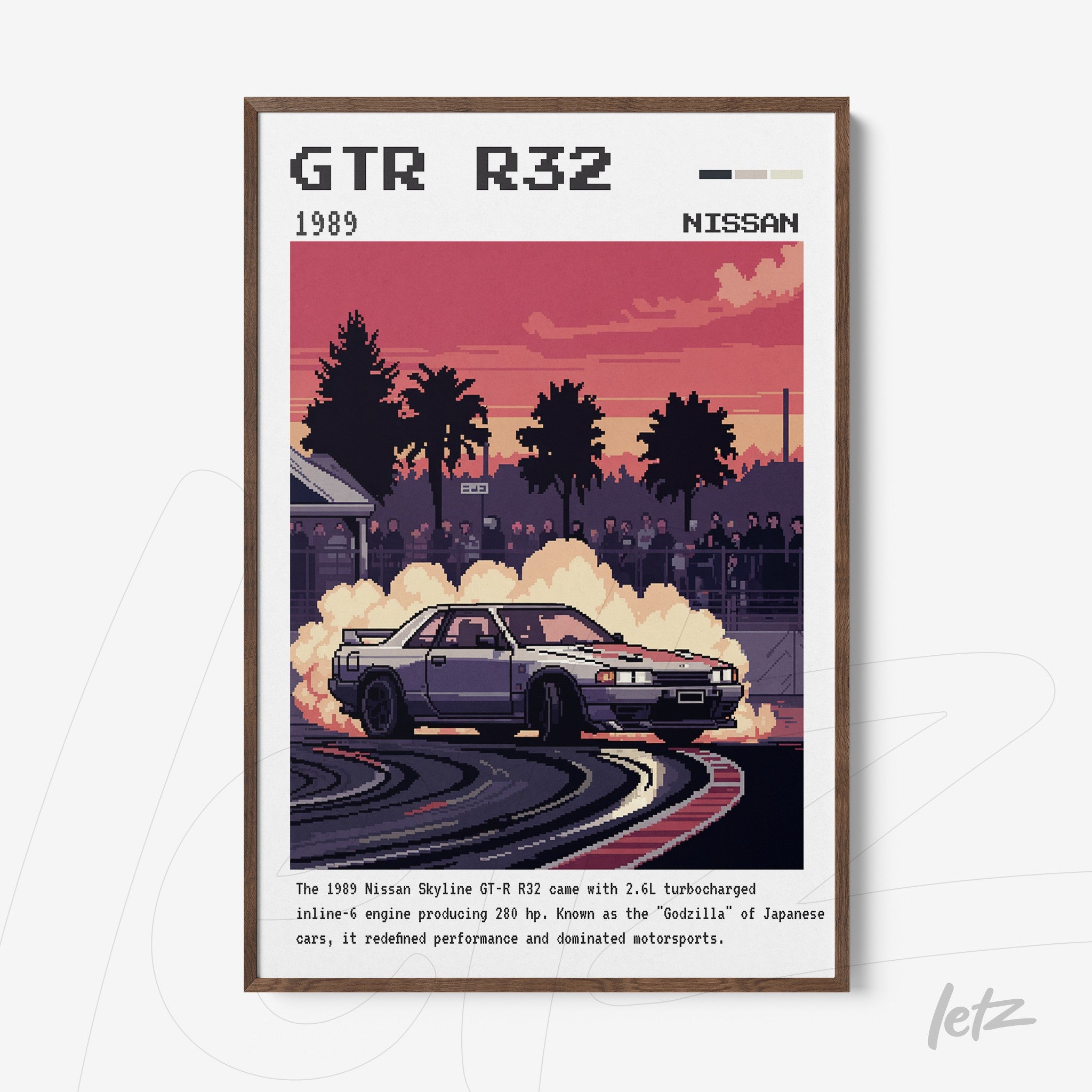 digital art print of a Nissan Skyline GT-R R32 in a nostalgic setting with palm trees and smoke