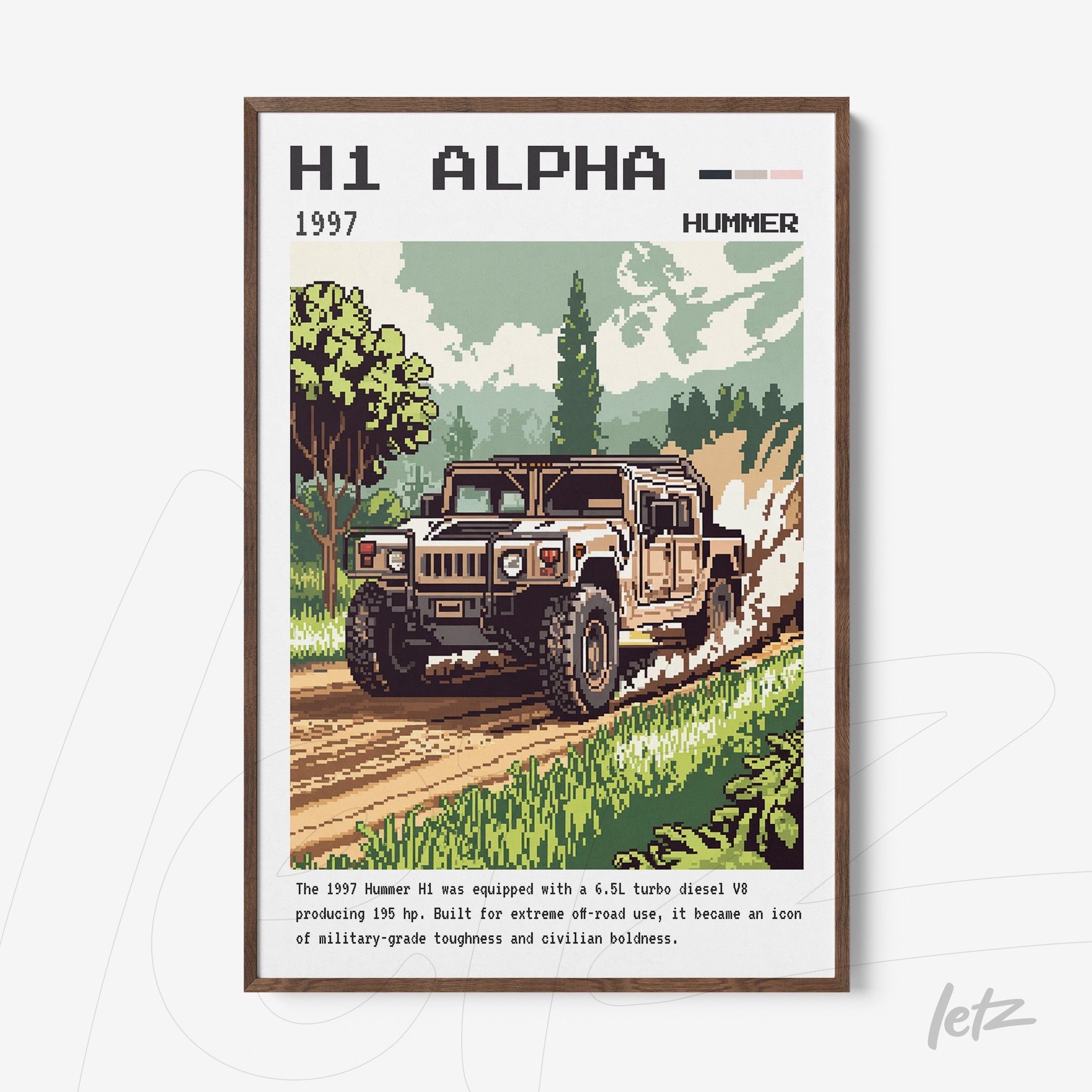 framed artwork featuring a retro illustration of a Hummer H1 vehicle in a lush green landscape