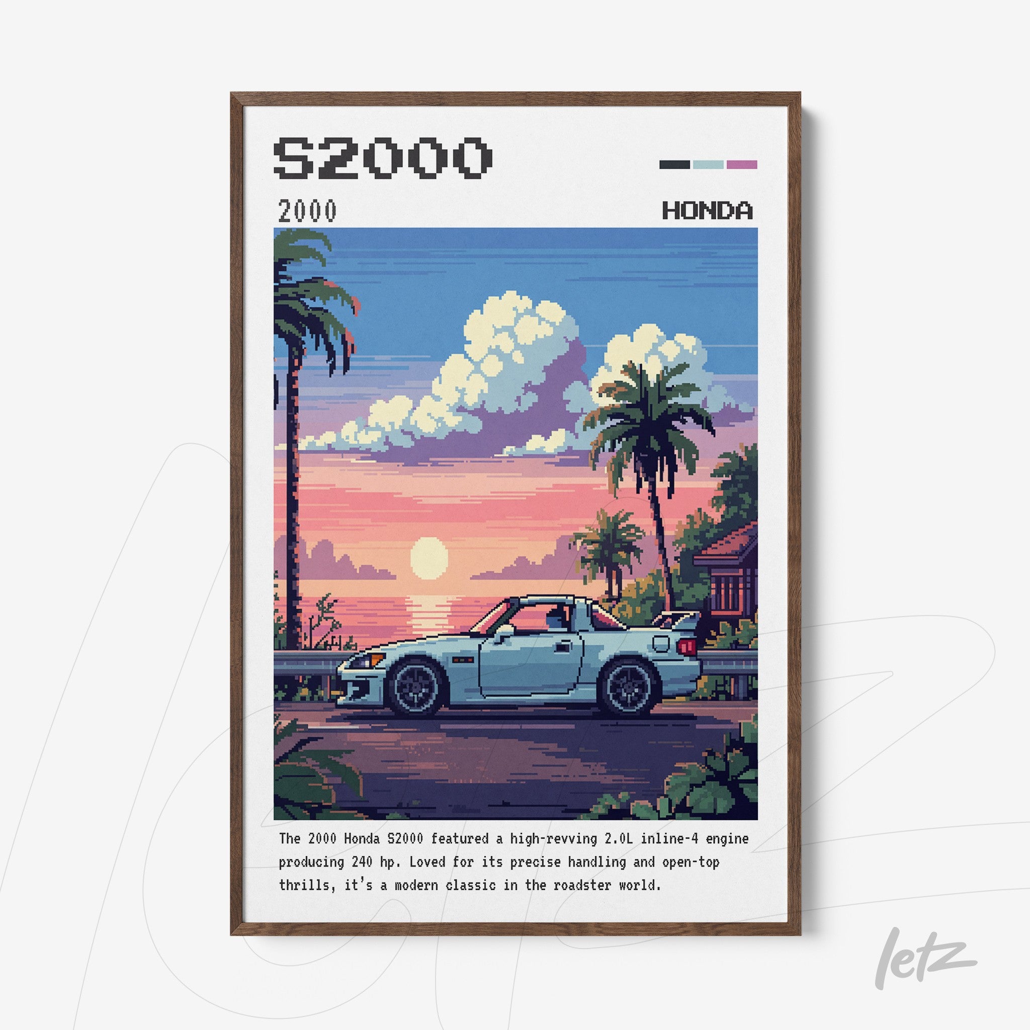 framed pixel art of a S2000 sports car against a tropical sunset, light wooden frame