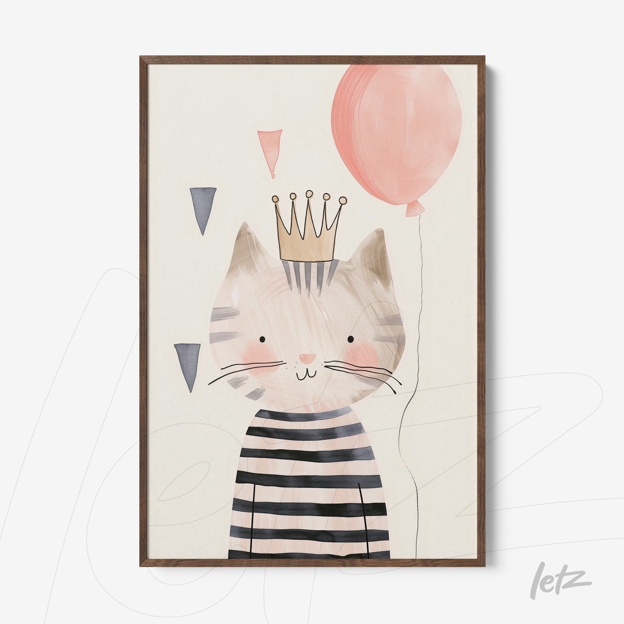 framed wall art of a cute cat wearing a crown and holding a balloon with a light wood frame