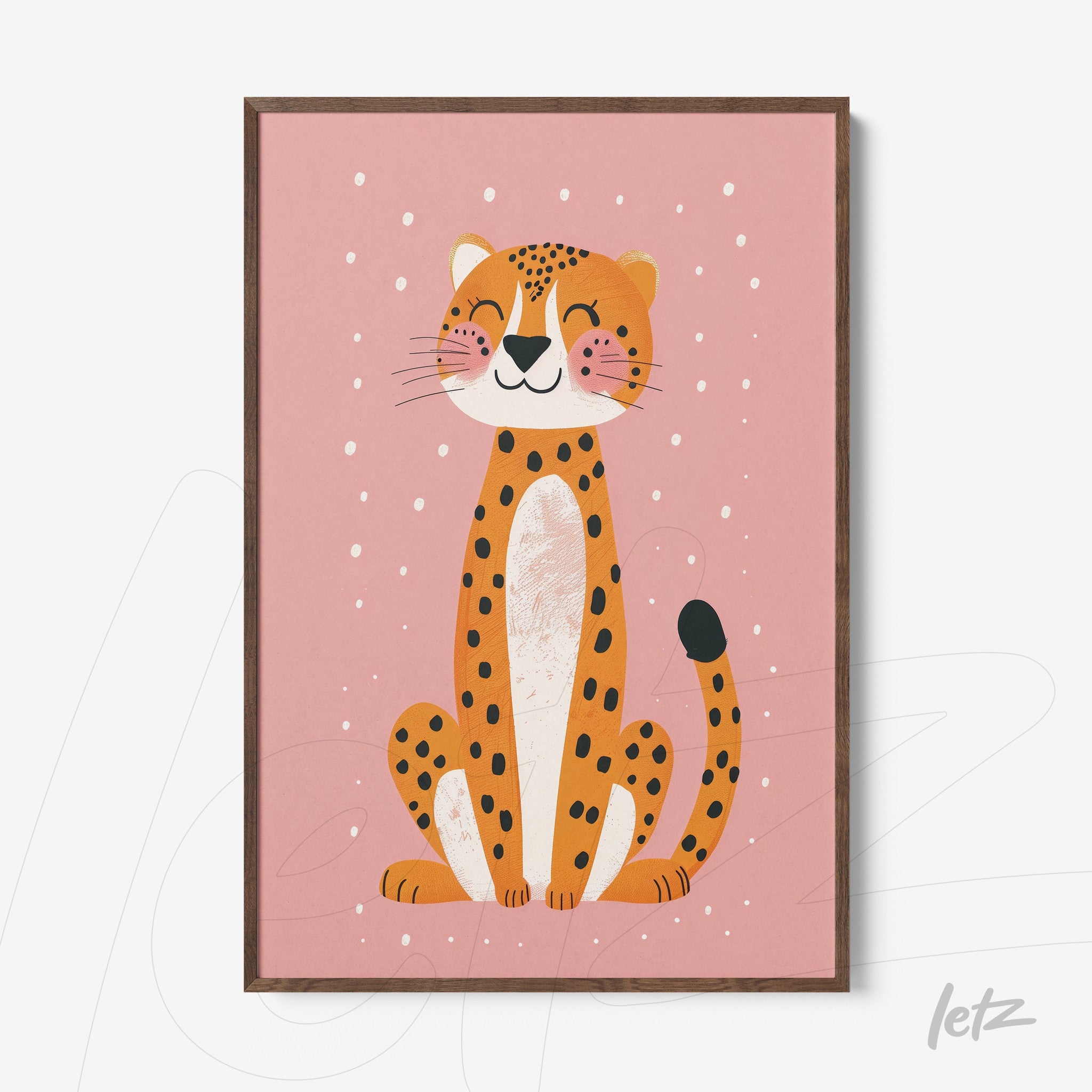 framed artwork featuring a smiling leopard on a pink background with dark wood frame