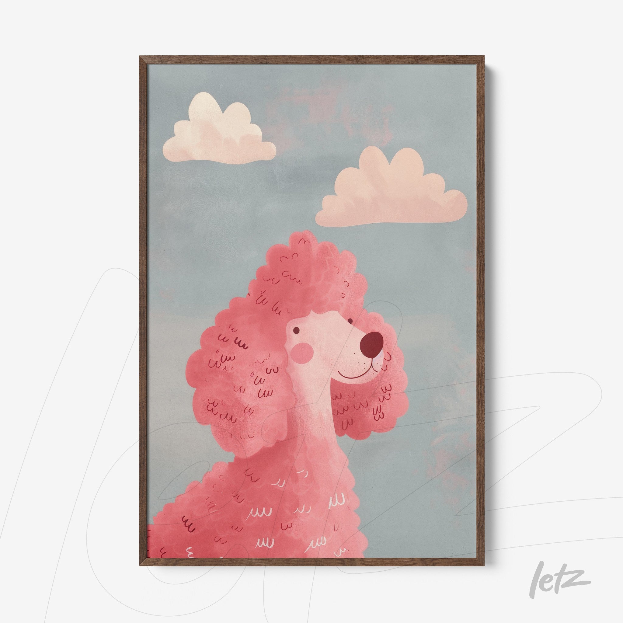 framed art featuring a pink poodle against a blue sky with soft clouds in a dark wood frame