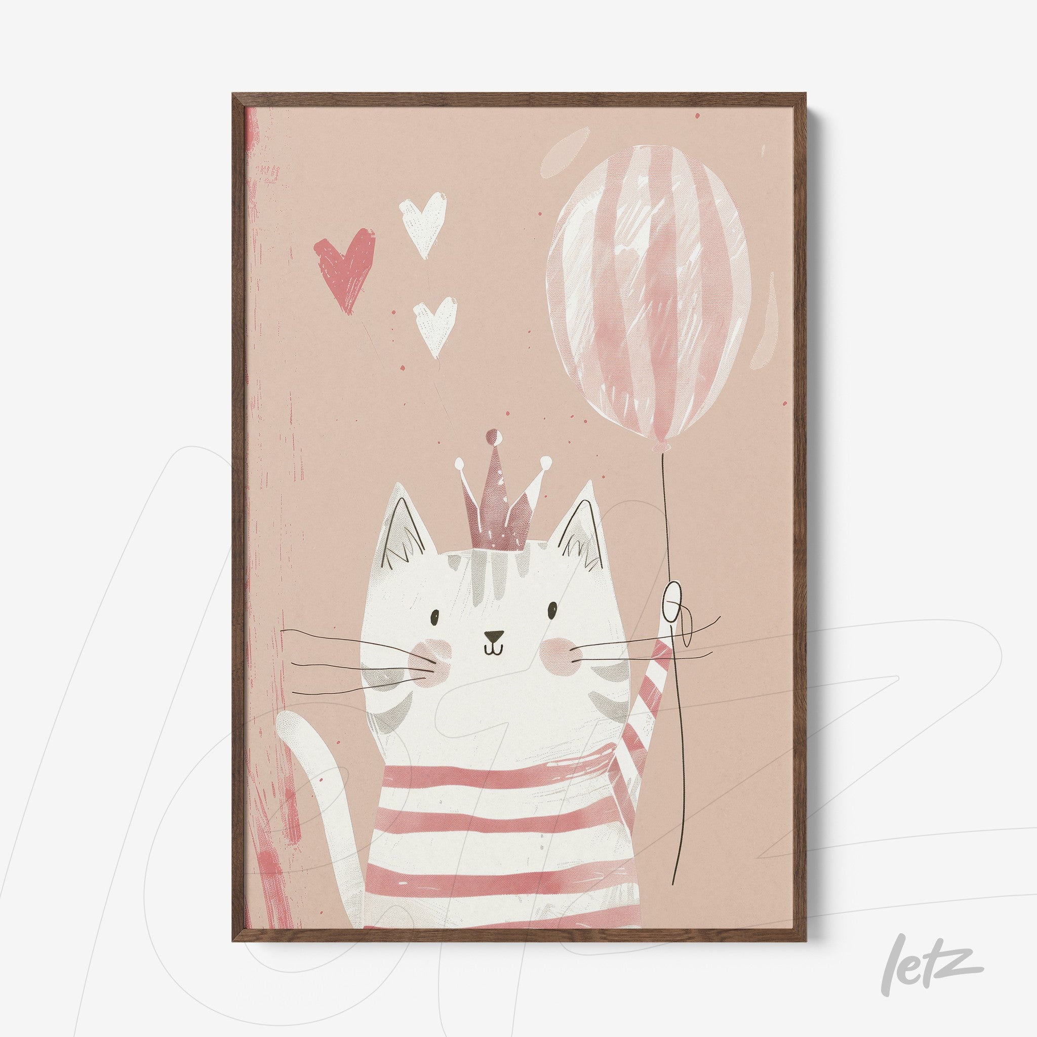framed wall art featuring a cute cat holding a balloon on a light pink background