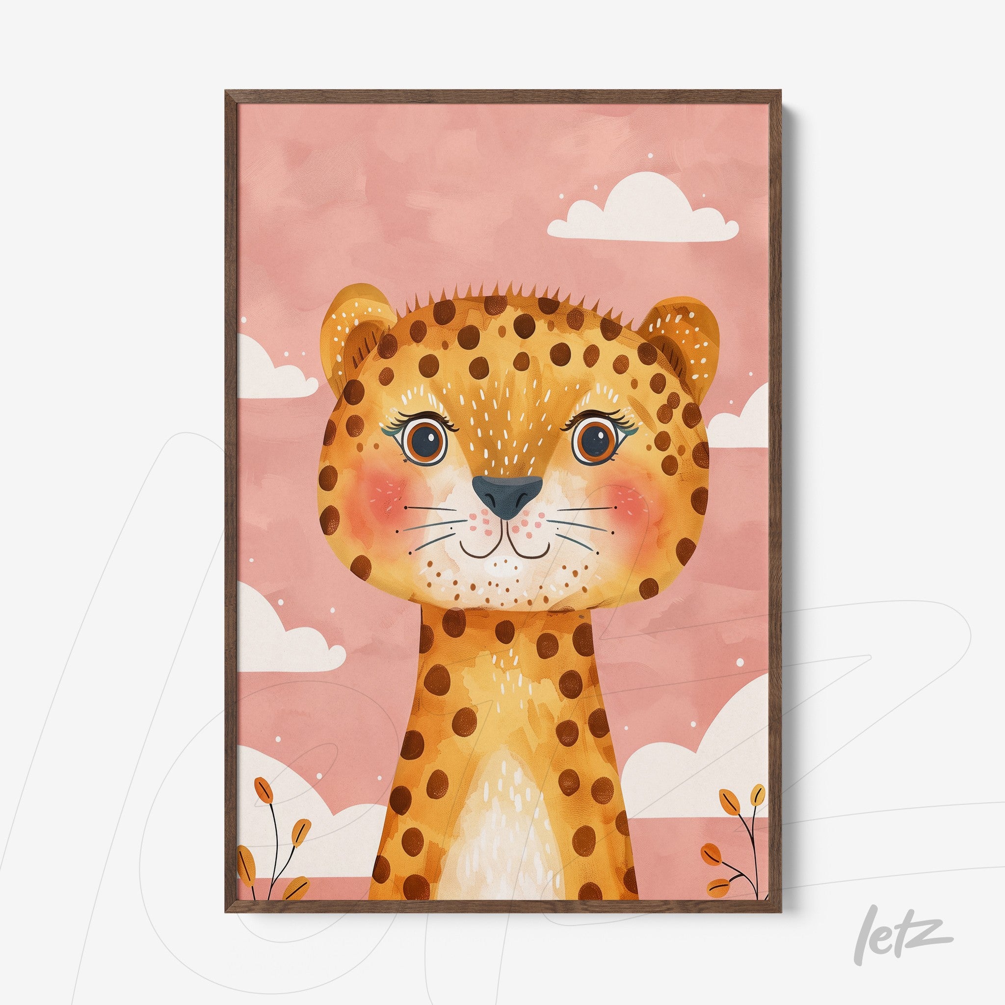 framed wall art featuring a cute leopard illustration on a pink background with white clouds and dark wooden frame