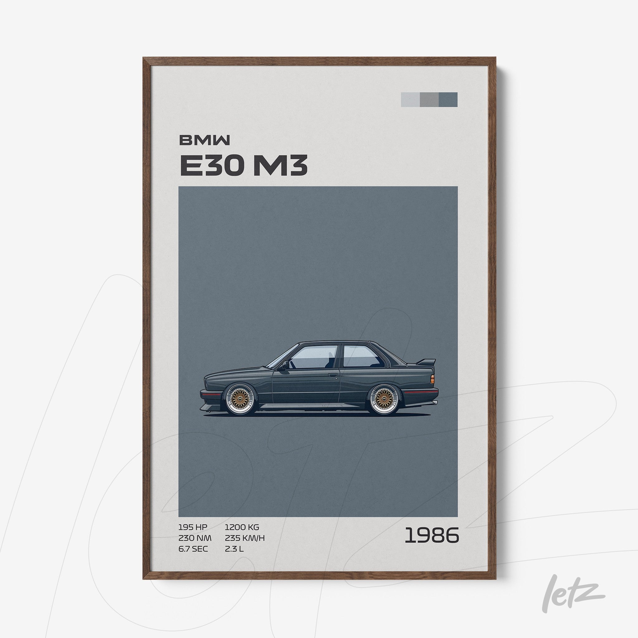 framed artwork featuring a side view illustration of BMW E30 M3 on blue background with light wood frame