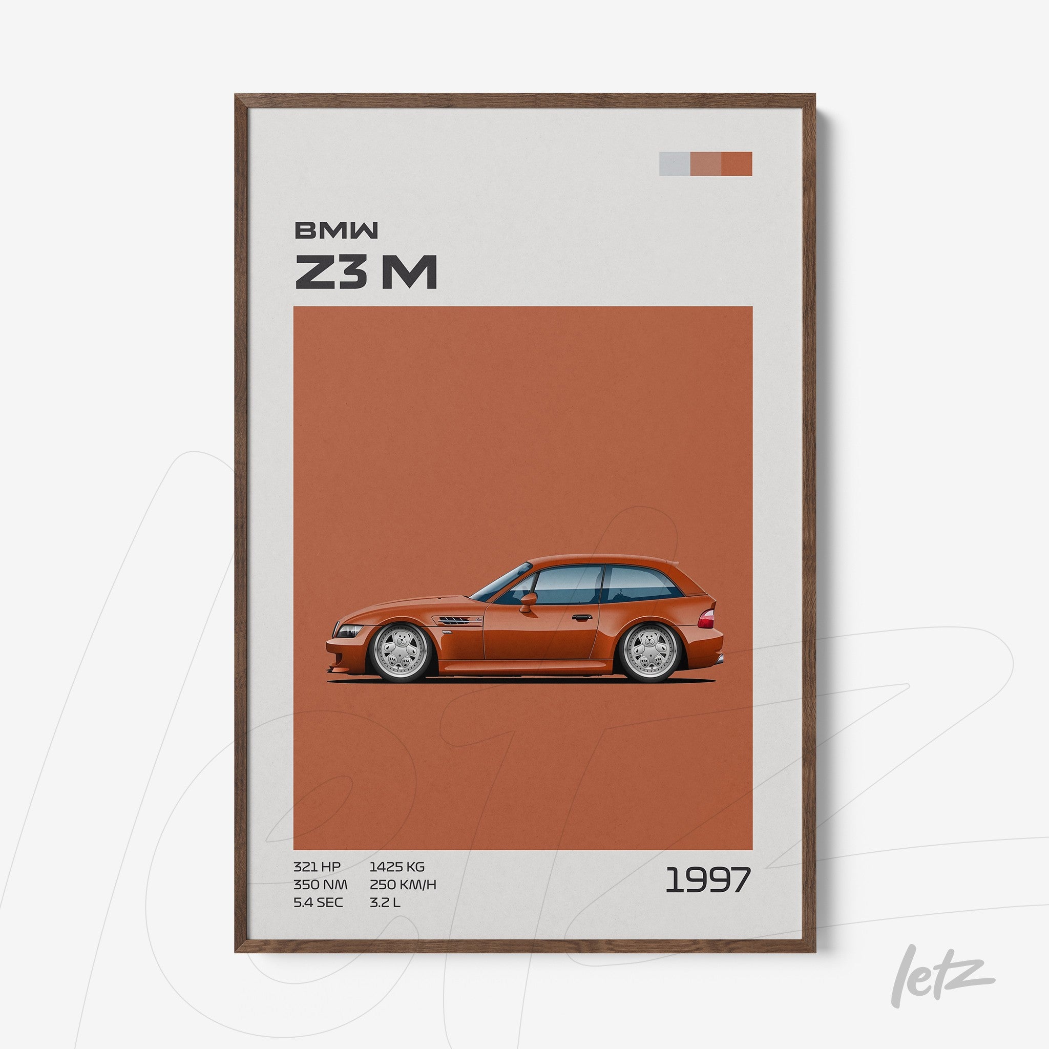 framed artwork featuring detailed illustration of 1997 BMW Z3M with dark wood frame