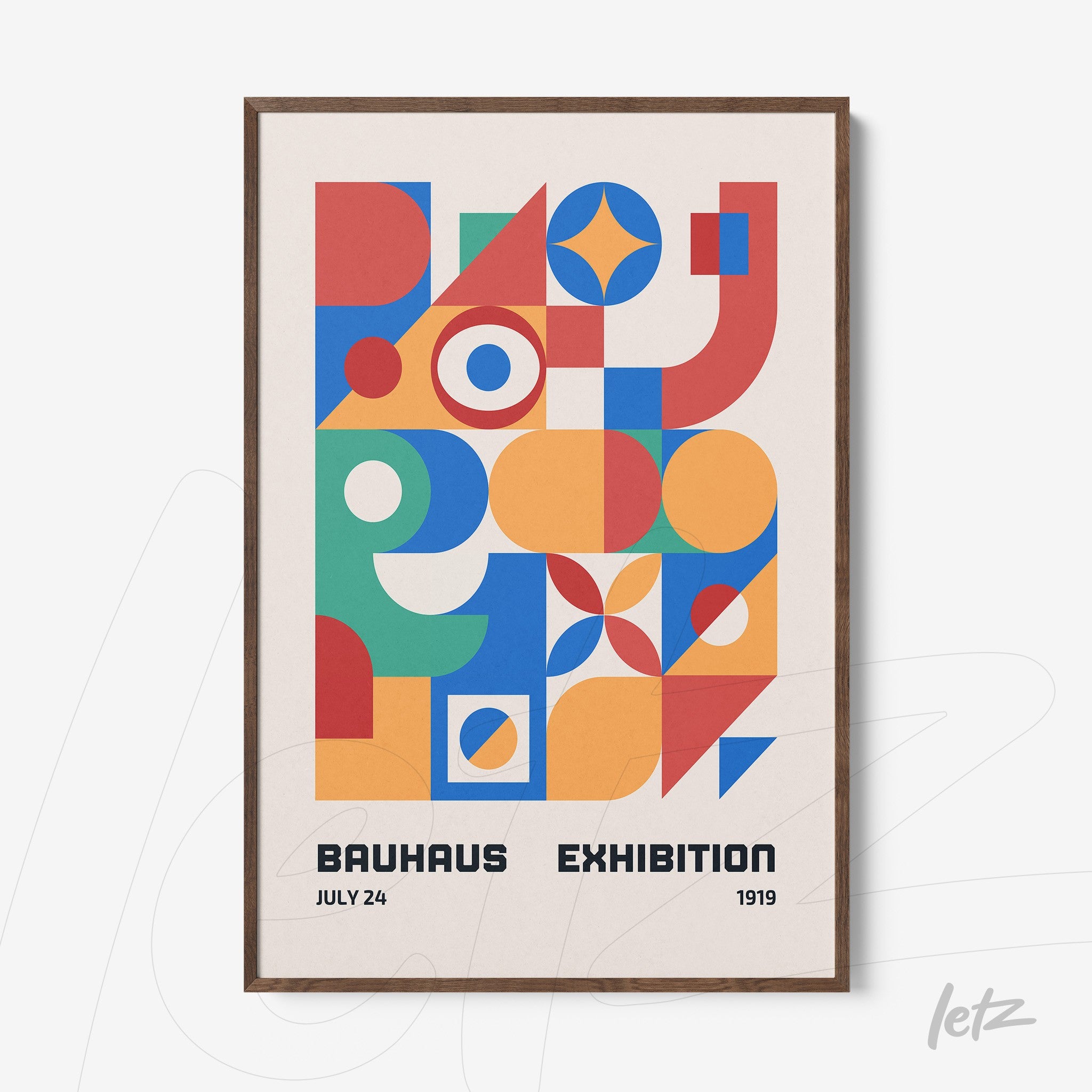 poster print featuring colorful geometric art in wooden frame