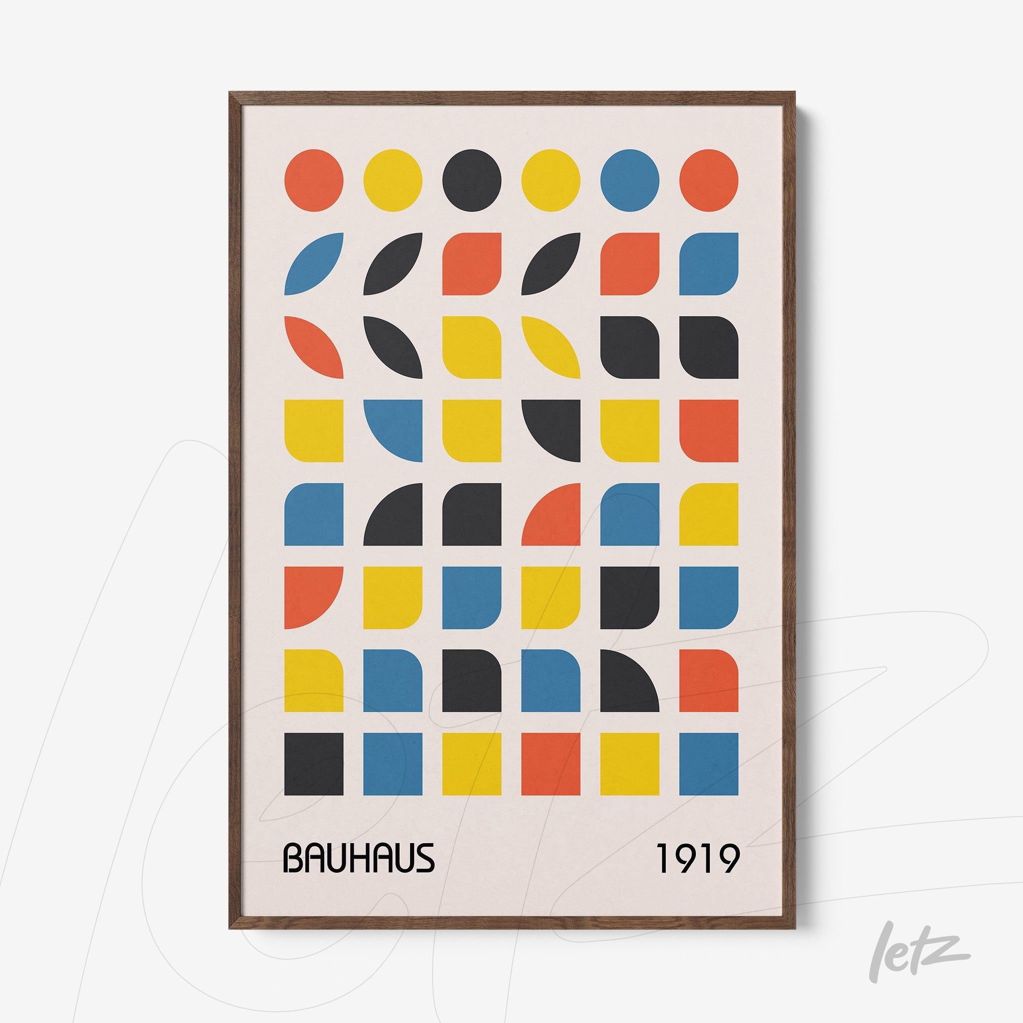 bauhaus style geometric art print with wooden frame
