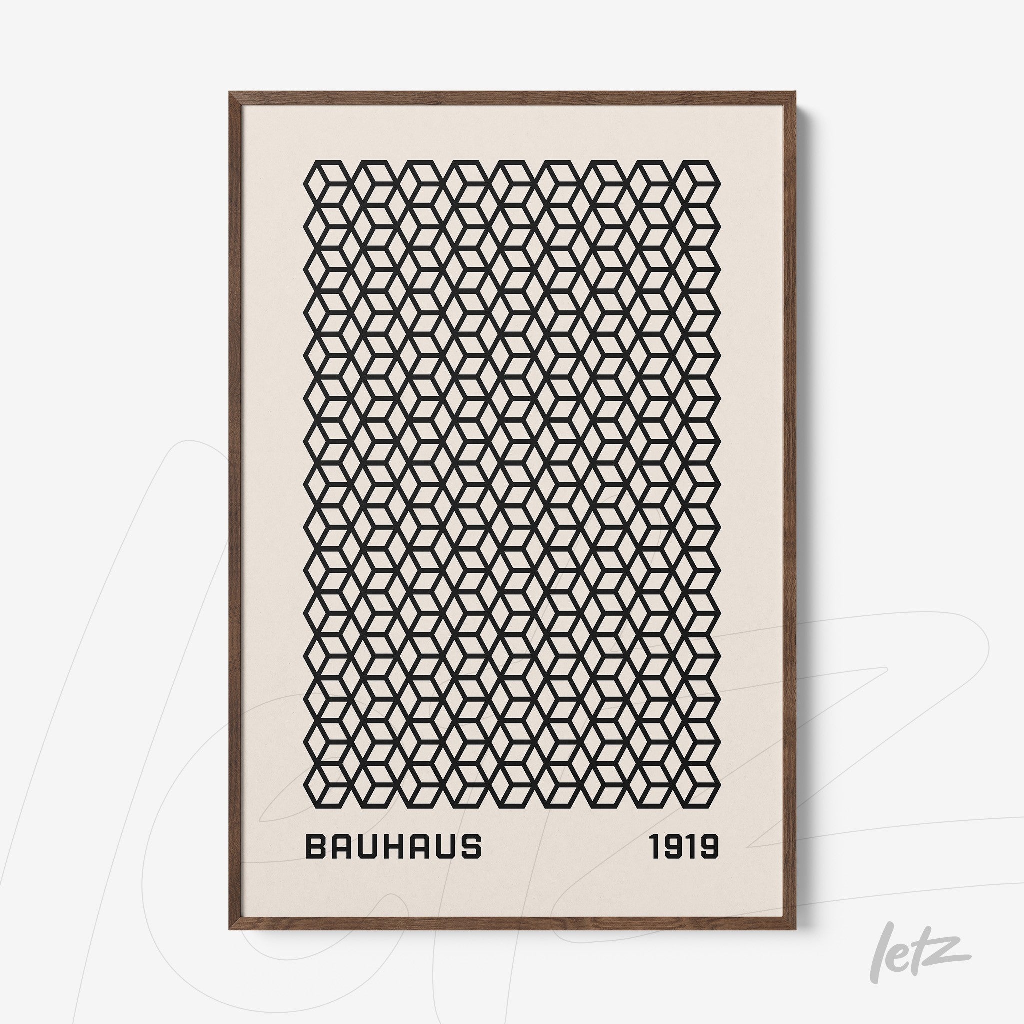 poster featuring black geometric pattern on beige background with wooden frame, bauhaus style