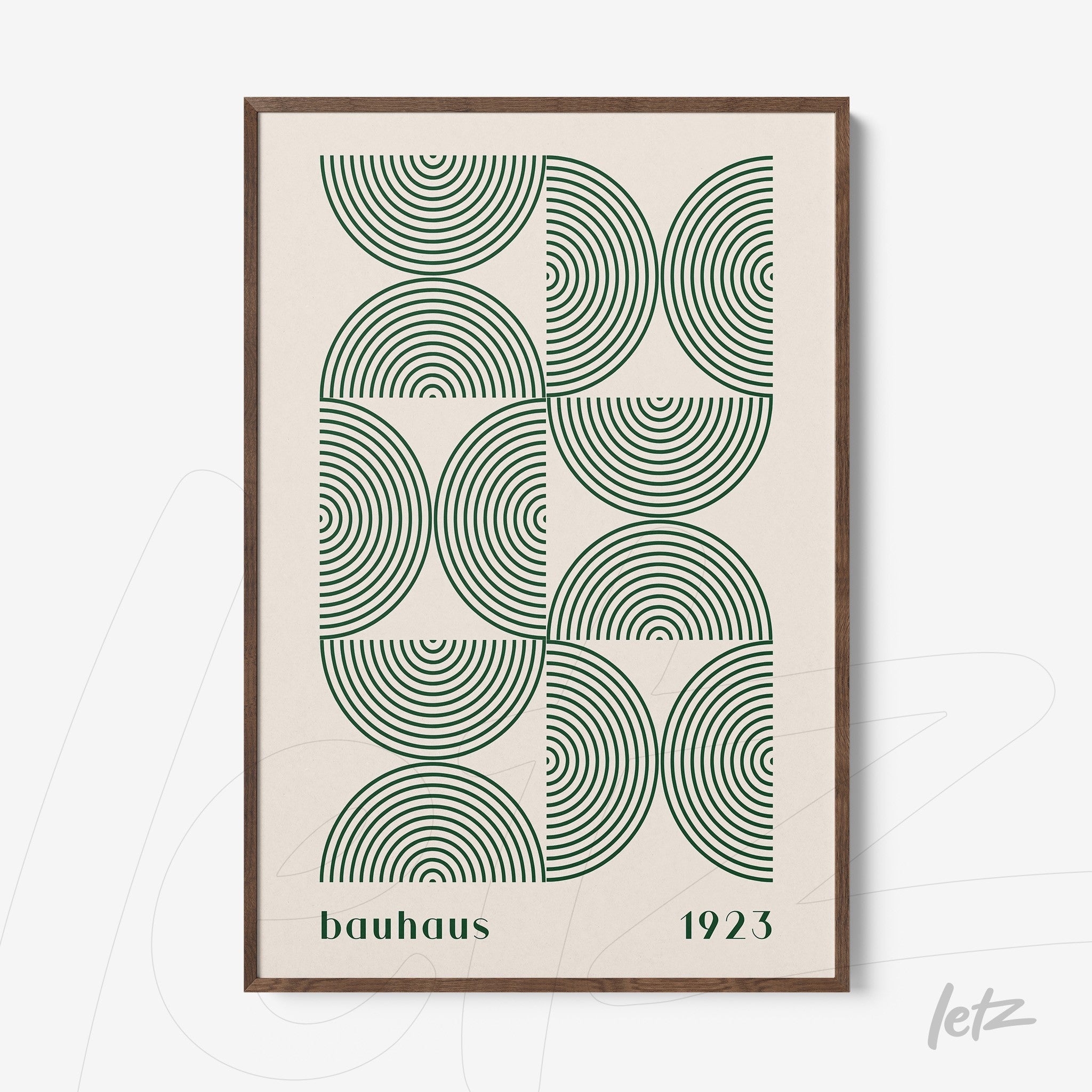 poster print showing bauhaus geometric pattern with dark wood frame