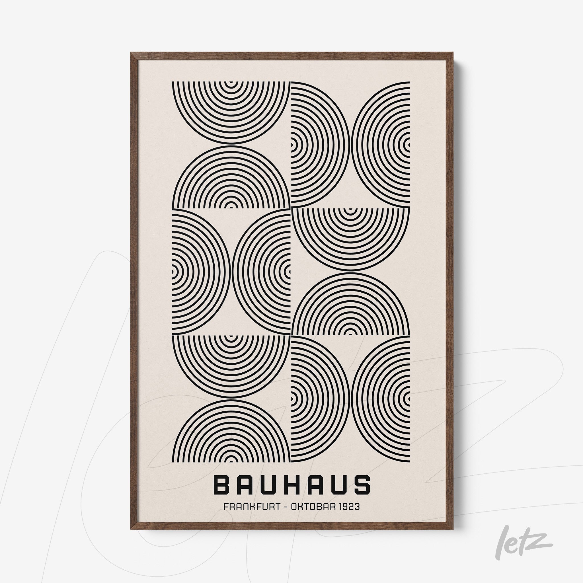 poster featuring black and white geometric pattern in bauhaus style with dark wood frame