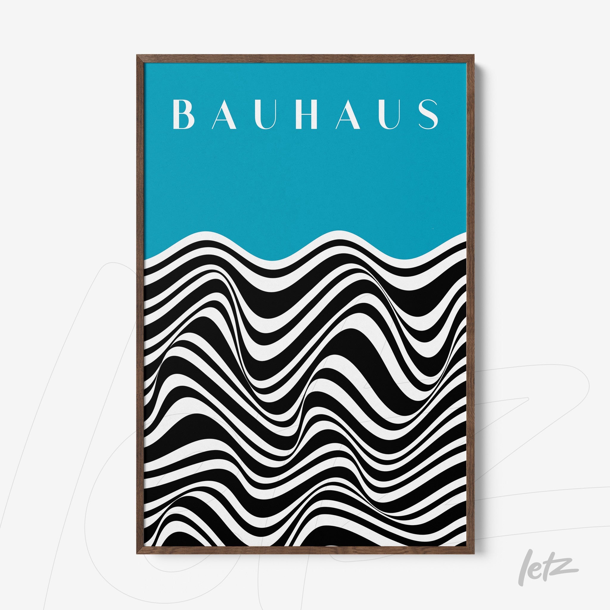 modern art print with black and white wavy pattern on a blue background in dark wooden frame