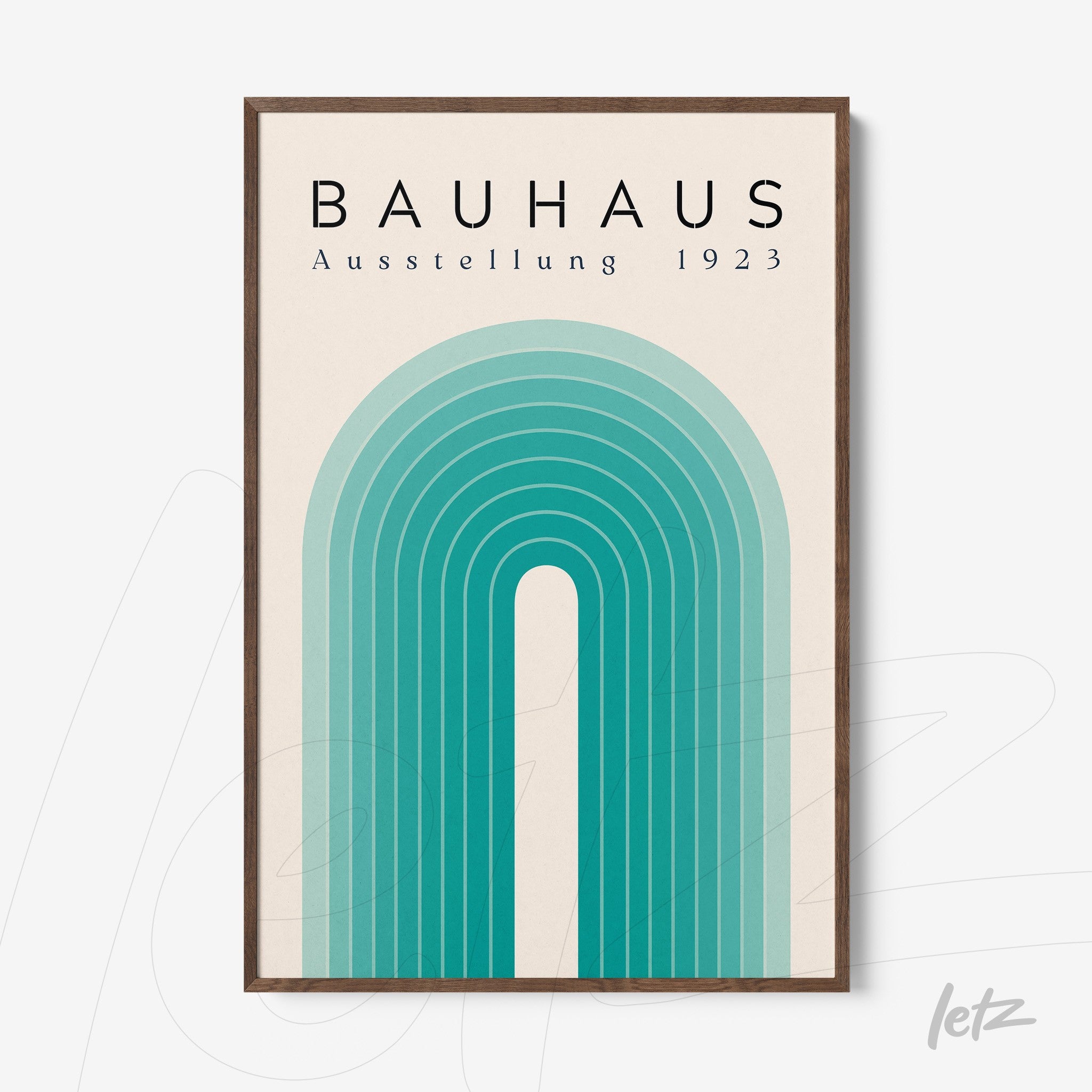 poster print featuring Bauhaus design with green arches in a wooden frame